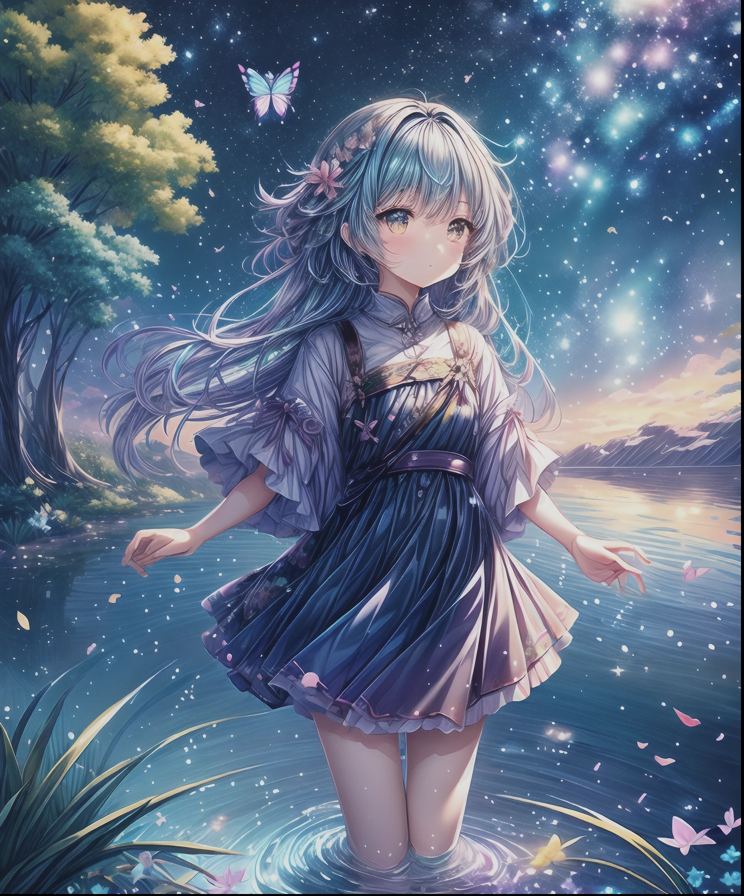 Cute girl characters、Iridescent grass々Drawing a butterfly flying over the water, Looking up at the starry sky. Surround her with colorful nebulae and colorful forests.