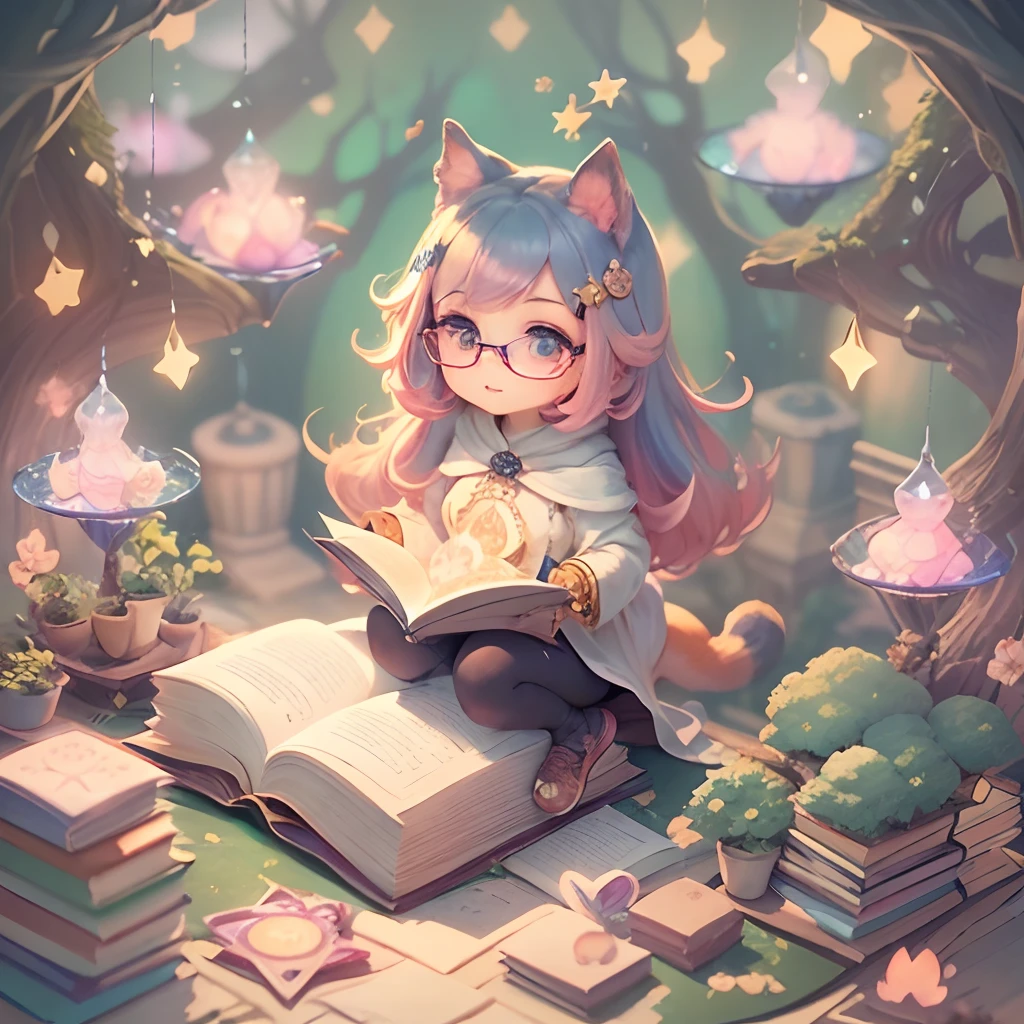 masterpiece, best quality, detailed, beautiful illustration, pastel color, illustration style, anime style, watercolor, (Mysterious:1.4), HDR,
(1girl, solo:1.3), cute, (chibi:1.3), (full body), (drooping eyes:1.3), round animal costume, animal hood, fuwafuwa, Salmon Pink Hair, Fantastic ,appealing, (🐾:1.5), 😀, (glows 🌟 ❇ ✡:1.2 ), (fist:1.2), (nice hand, perfect hand:1.2), (fantasy:1.5),
Artistically stylized tree background in the shape of (glasses:1.4), (scholar:1.2), (holding Books on the principles of magic:1.3), (🌟:1.4), (❇ magic effects:1.3), ,
(isometric:1.3), (round floor:1.3), (white sticker background, :1.2),