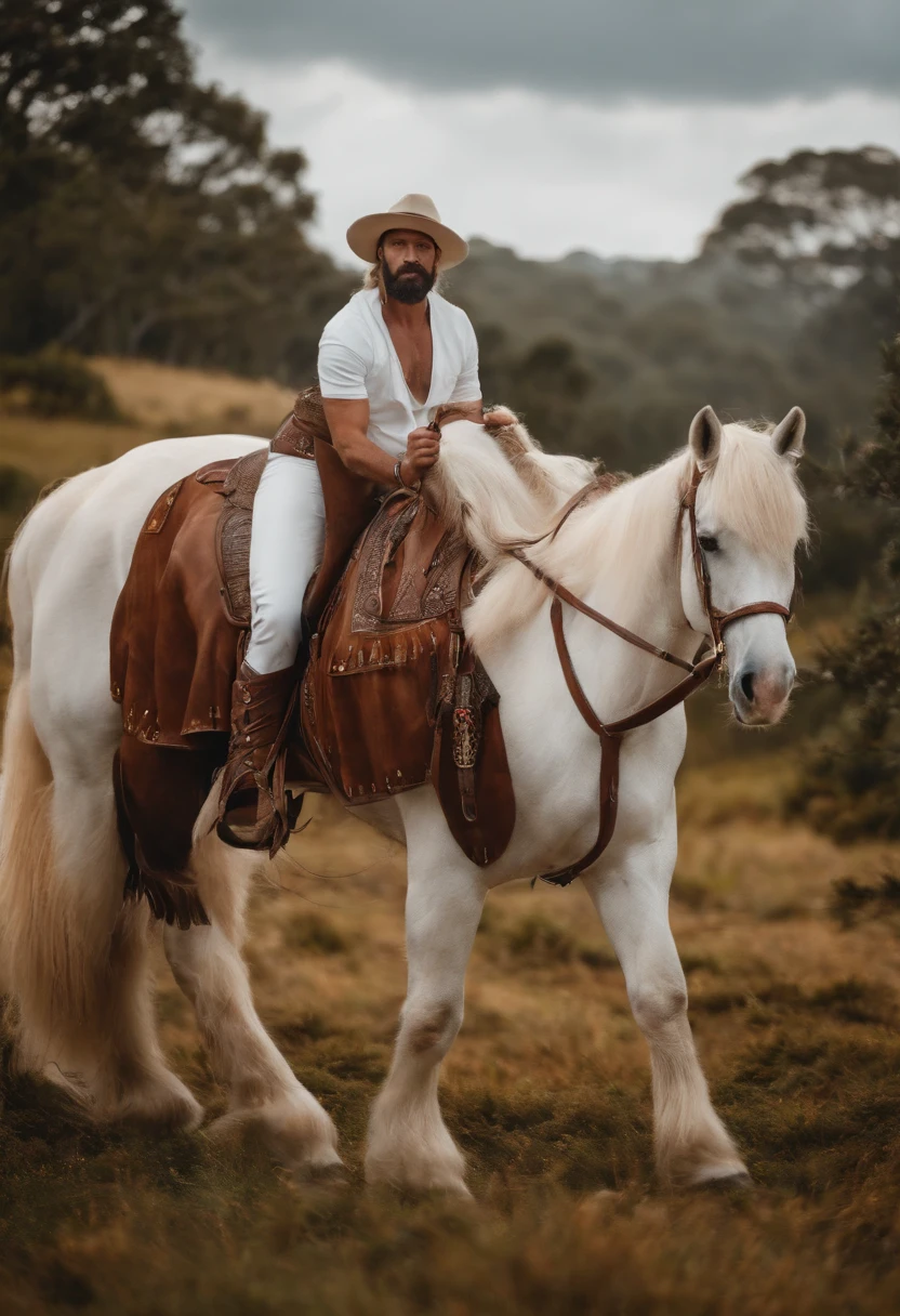 um home com barba de 40 anos com uma armadura de hora em cima de um cavalo branco