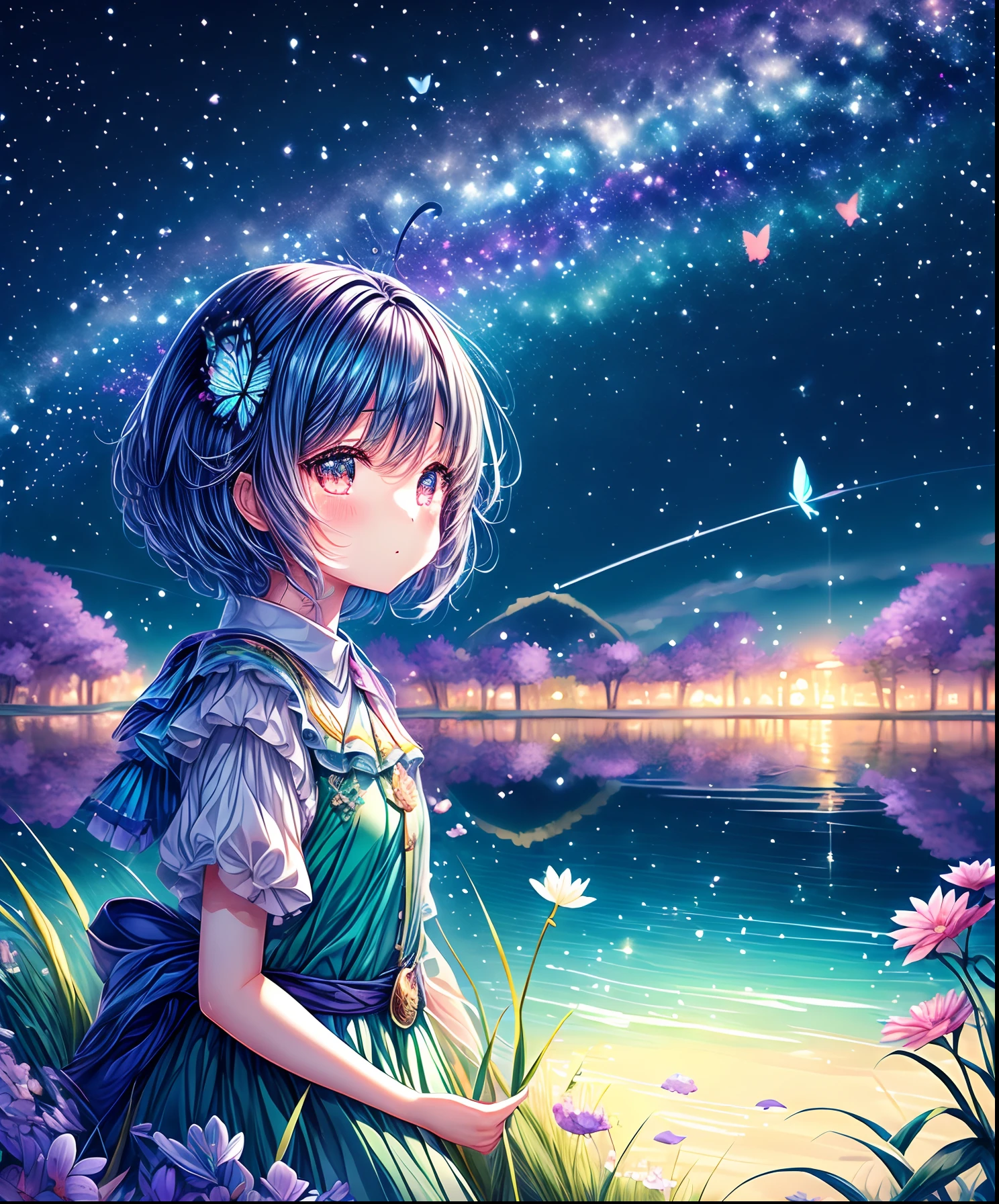 Cute girl characters、Iridescent grass々Drawing a butterfly flying over the water, Looking up at the starry sky. Surround her with colorful nebulae and colorful forests.