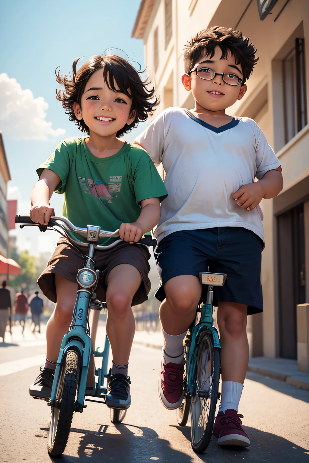 Portada de libro infantil de dos hermanos uno gordo y otro flaco que pasaron su infancia juntos y jugando en una plaza. Estilo dibujo acuarela. estilo pintura, bicicleta, sonriendo.