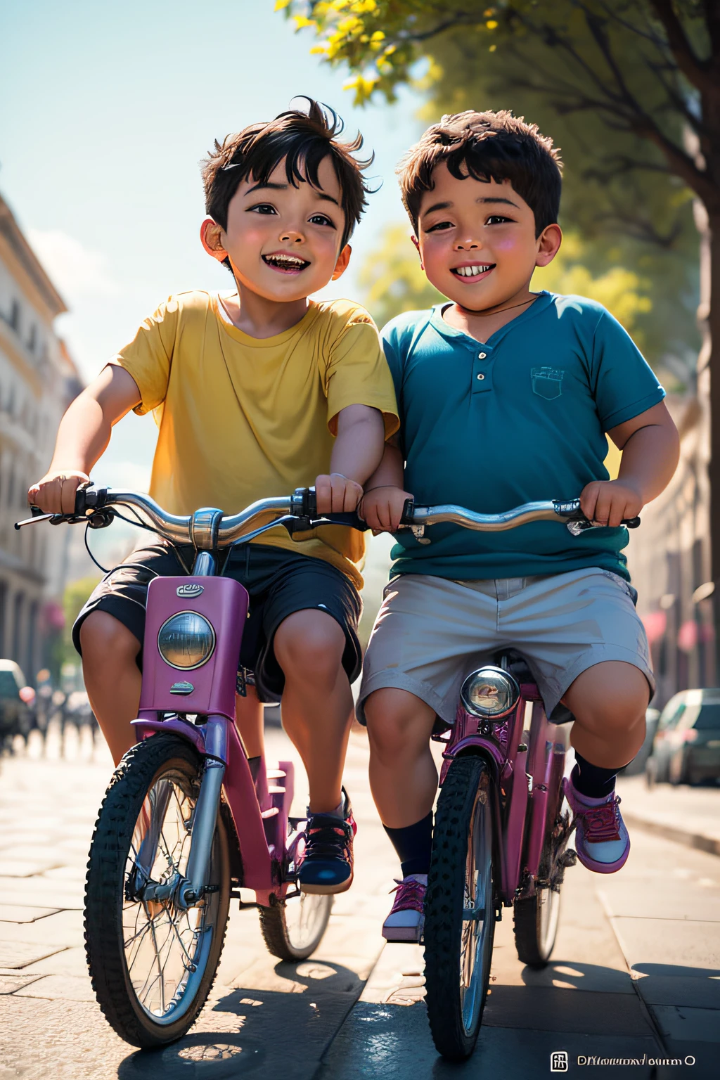 Portada de libro infantil de dos hermanos uno gordo y otro flaco que pasaron su infancia juntos y jugando en una plaza. Estilo dibujo acuarela. estilo pintura, bicicleta, sonriendo.