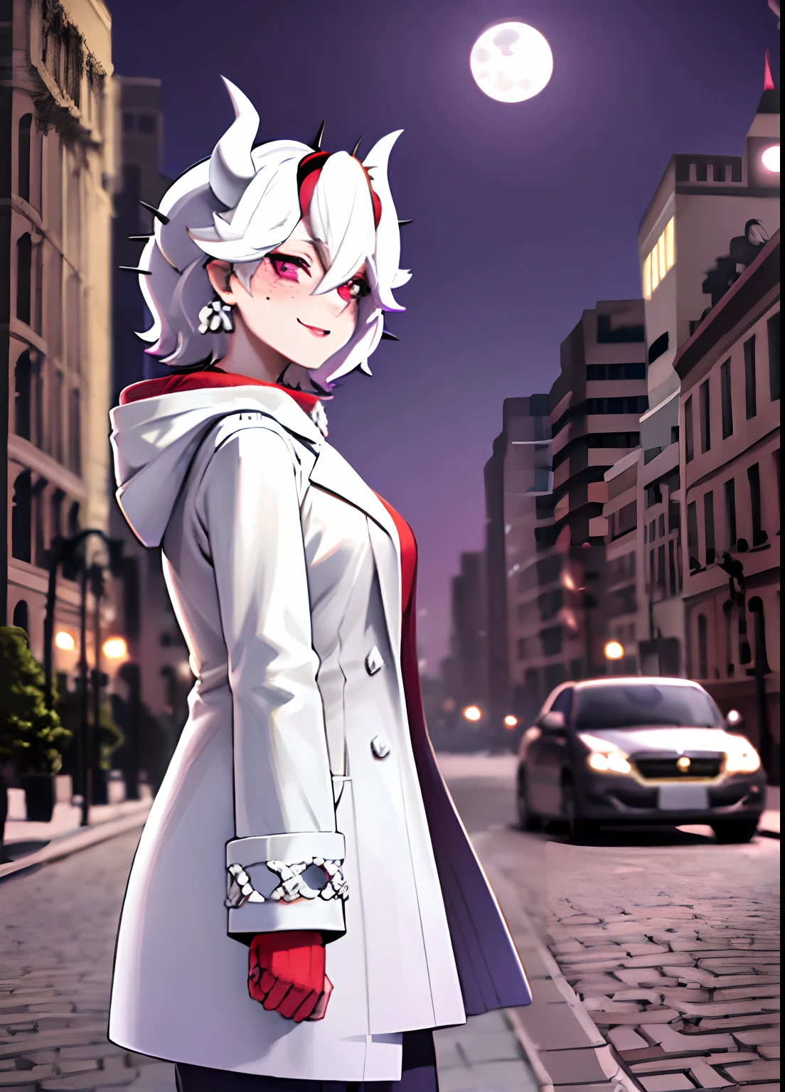 (masterpiece, absurdres, high-quality, best quality, ultra-detailed, beautiful), perfect eyes, perfect face, perfect lighting, textured skin, beautiful detailed face, (detailed face:1.4), beautiful detailed eyes, ambient light, realistic shadows, beautiful detailed pupils, cute, 1girl, solo, solo focus, beelzebub, short hair, white hair, demon girl, demon tail, freckles, red eyes, white horns, purple lipstick, lips, blush, white fur coat, (white fur-trimmed coat:1.3), outdoors, street, (night:1.2), cars in the backgrounds, Headlights, church in the background, lights, moon, looking at viewer, walking, smiling, from the side, full body, rich, expensive, jewelry