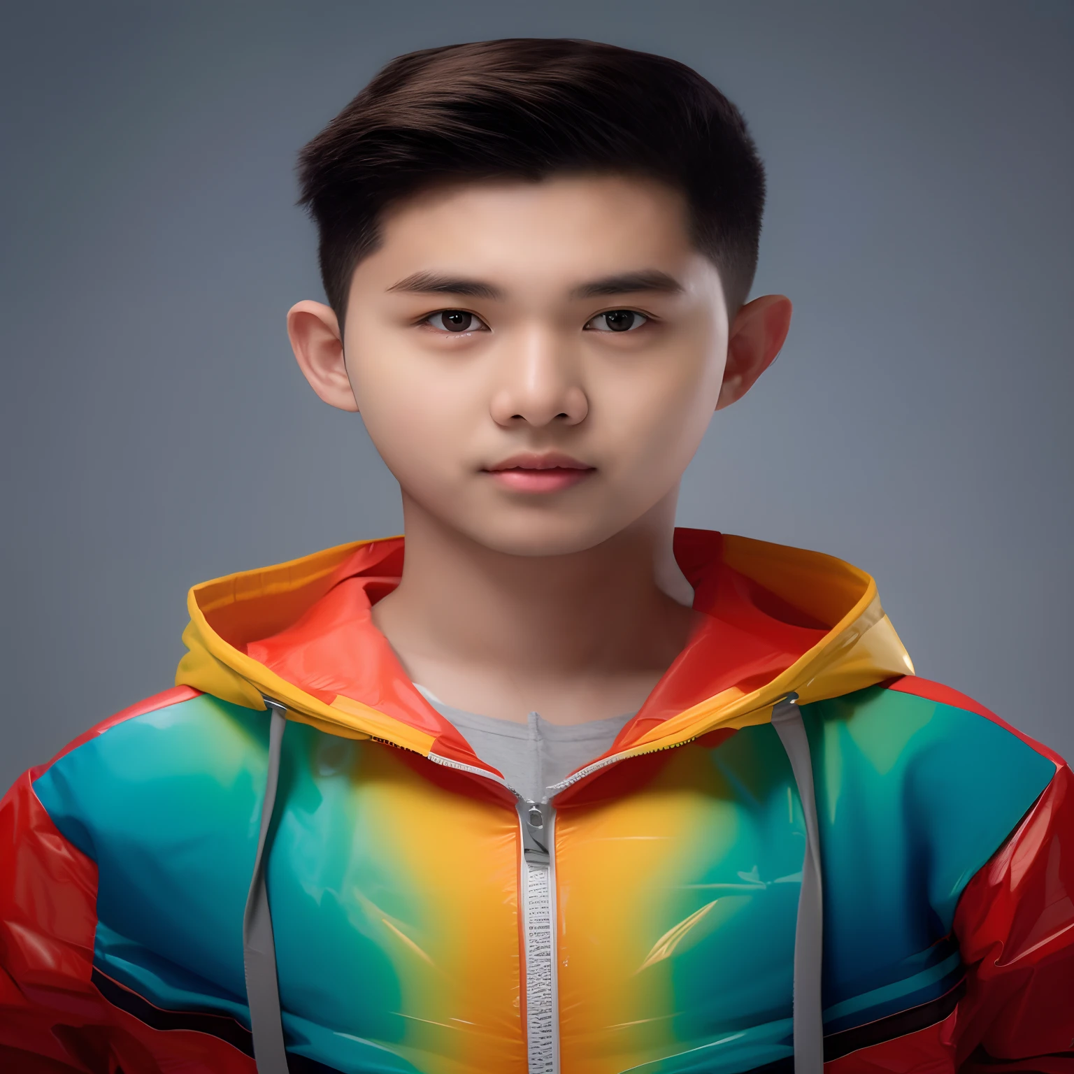 A portrait of a 17-year-old male high school student in Bangladesh,Wearing a red, yellow and blue PVC sweatshirt,Light gray solid background