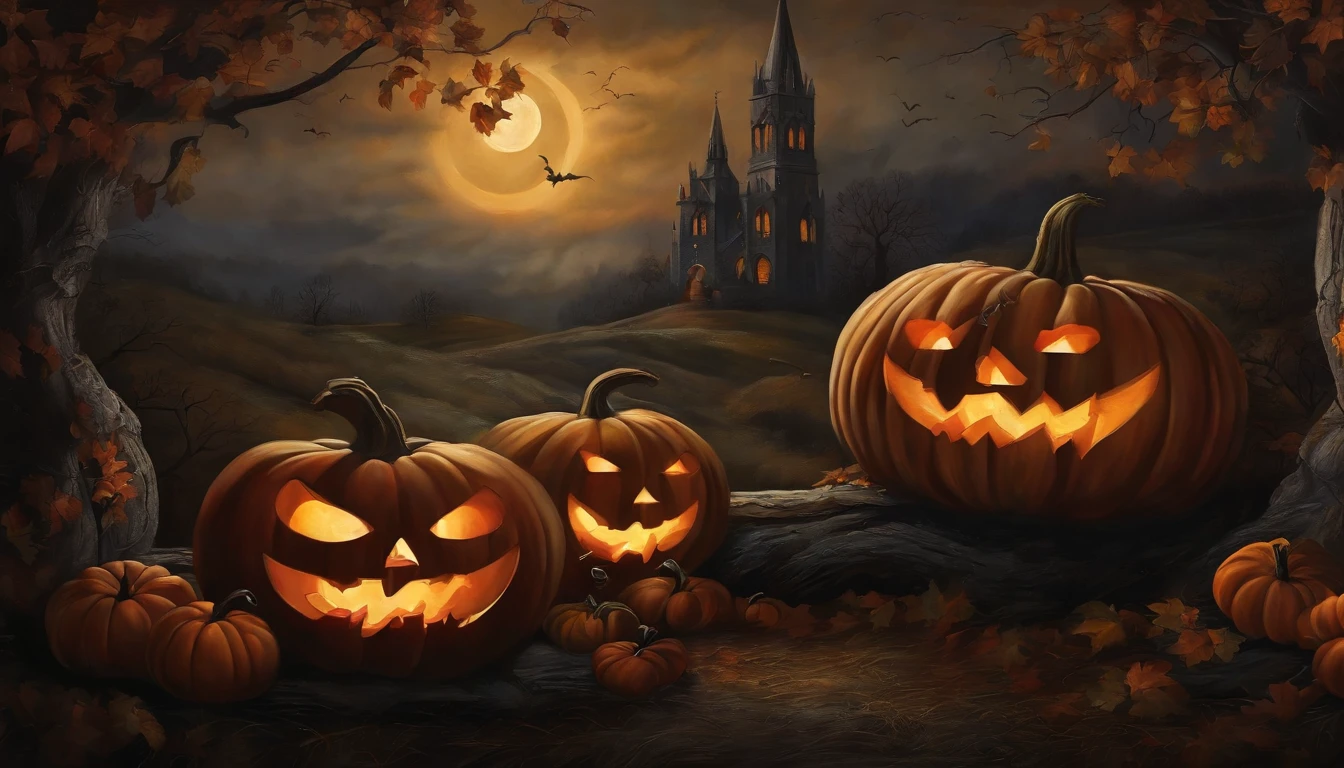 Vintage style dark gothic art mural painting, velas y calabazas de Halloween bruma