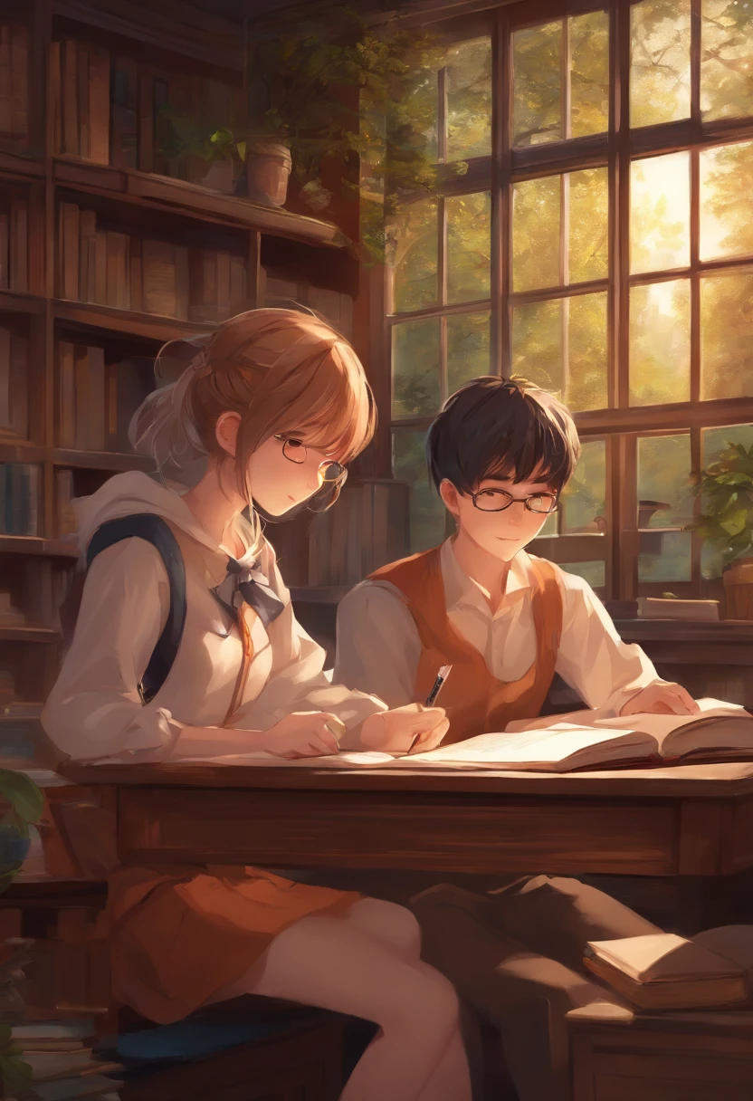 Anime girl and a boy studying