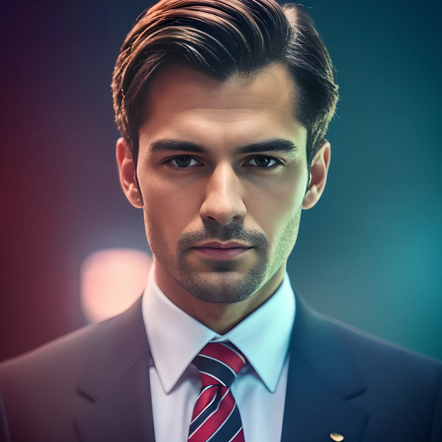 a Man standing with 30 years in suit and tie, body and head straight in the photo, DSRL, facing the viewer of the photo, eyes fixed to the lens, appears shoulders and head in the photo, man centered in the photo, 8k, best quality, masterpiece, realistic, realistic photo, movie photo, ultra realistic, 1 person, detailed, Perfect lighting, DSRL, professional photo, 4k