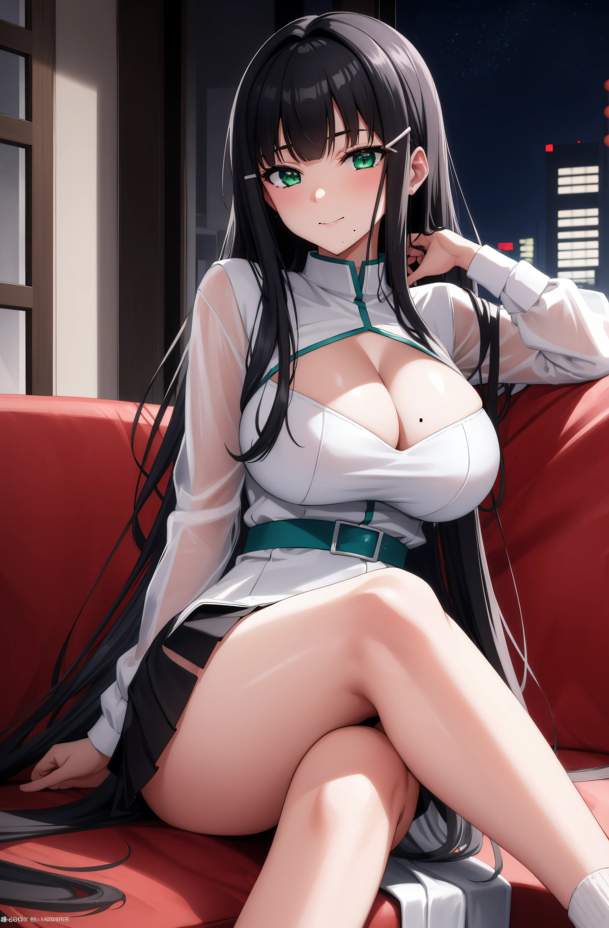 (Night:1.7), Cyberpunk_CityView, Before Window,
sitting at attention,sitting on couch,
white and blue outfit,black_legwear,miniskirt,
dia kurosawa, black hair, (green eyes:1.5), blunt bangs, grey skirt, hair ornament, hairclip, mole, mole under mouth, long hair,
1 girl, 20yo,young female,Beautiful Finger,Beautiful long legs,Beautiful body,Beautiful Nose,Beautiful character design, perfect eyes, perfect face,
looking at viewer, (innocent_big_eyes:1.0),(expressionless:1.3),seductive anime girl.teasing smile, 
NSFW,official art,extremely detailed CG unity 8k wallpaper, perfect lighting,Colorful, Bright_Front_face_Lighting,
(masterpiece:1.0),(best_quality:1.0), ultra high res,4K,ultra-detailed,
photography, 8K, HDR, highres, absurdres:1.2, Kodak portra 400, film grain, blurry background, bokeh:1.2, lens flare, (vibrant_color:1.2)
(Beautiful,large_Breasts:1.4), (beautiful_face:1.5),(narrow_waist),(perfect hands, perfect anatomy)