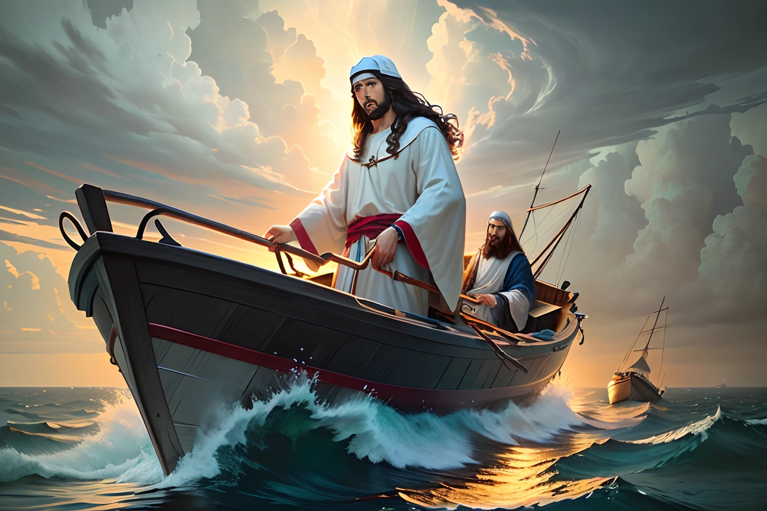 Jesus calms the storm in the boat with his disciples