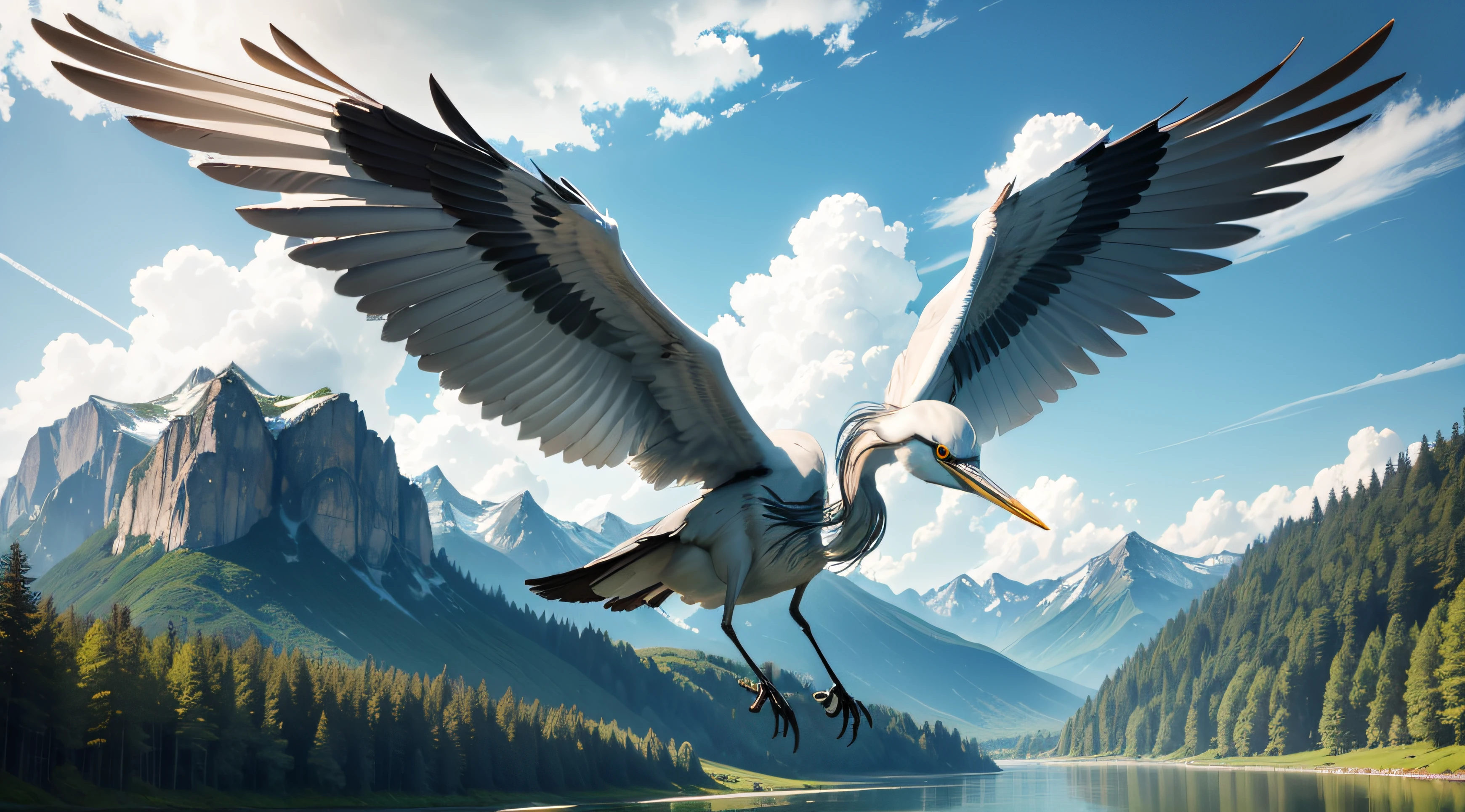side view of a Adorable heron flying on sky over the forest, Open mouth, full body, Close-up, back the Lens, Pixar Movie Style, very cute, big eyes, bright eyes, smiling, amazing sky, light day, clouds, amazing sunset, mountains on horizon, lightgreen trees and a lake in ground, high quality