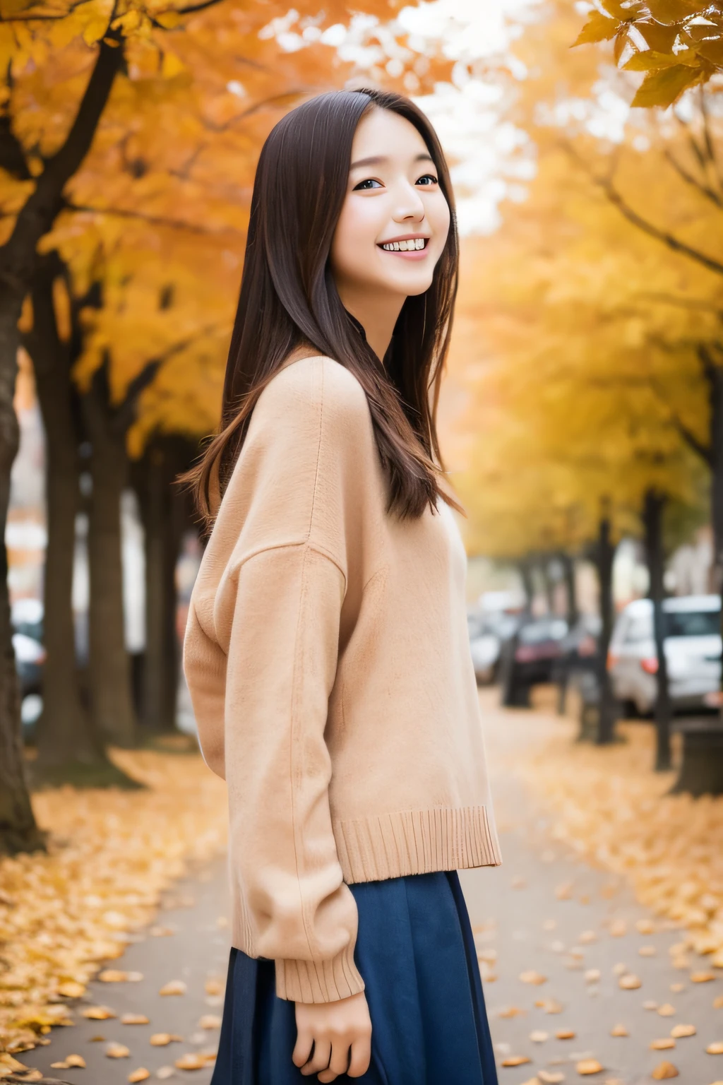 Japan teenage woman in autumn clothes standing on a street tree path with falling leaves,a beauty girl,a smile,bustshot