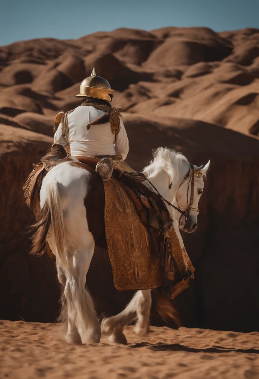 um home com barba de 40 anos com uma armadura de ouro em cima de um cavalo branco em 4k