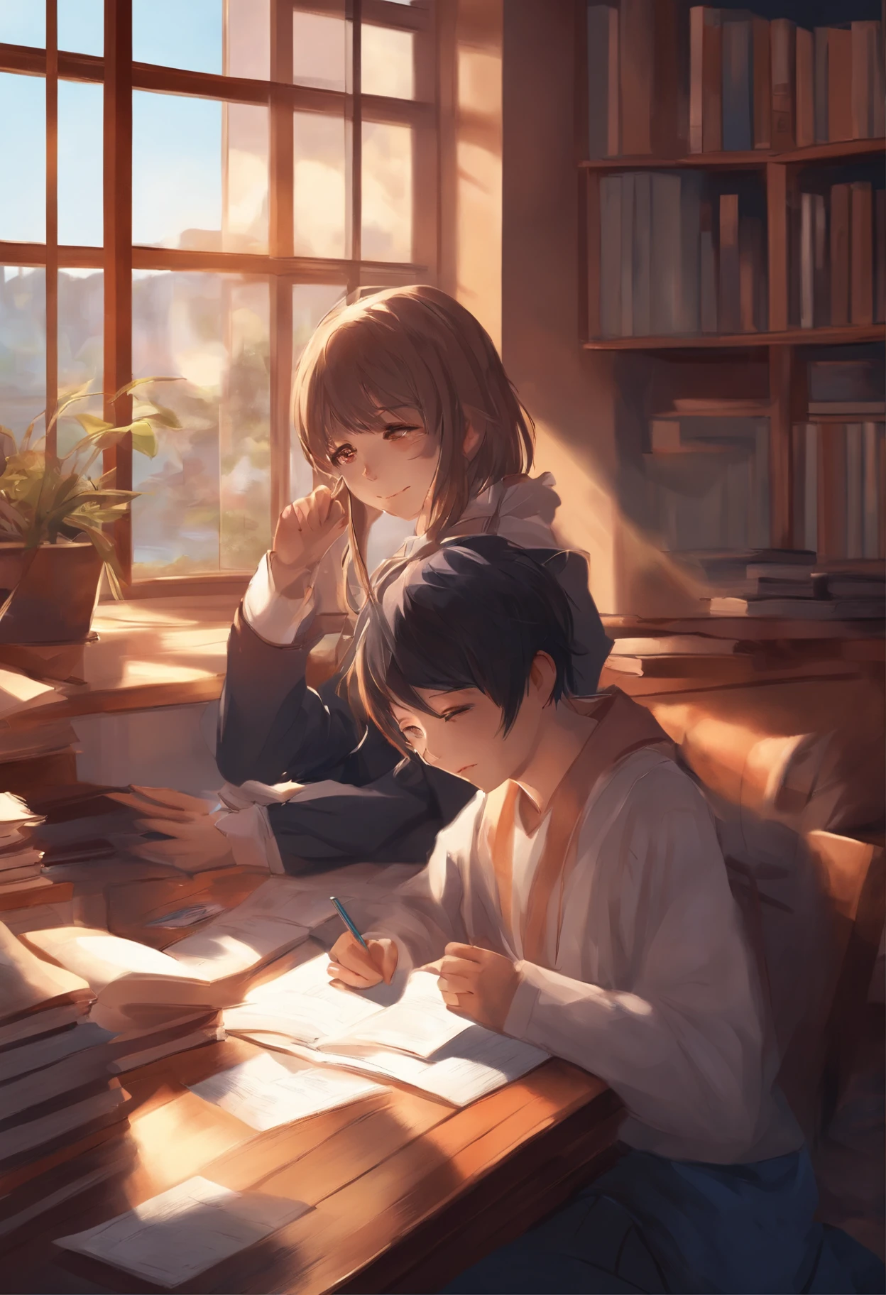 Anime girl and a boy studying