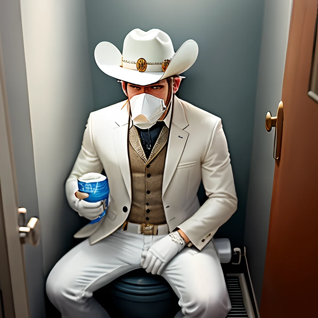white monkey with silver cowboy hat and toilet paper on his face with jacket on