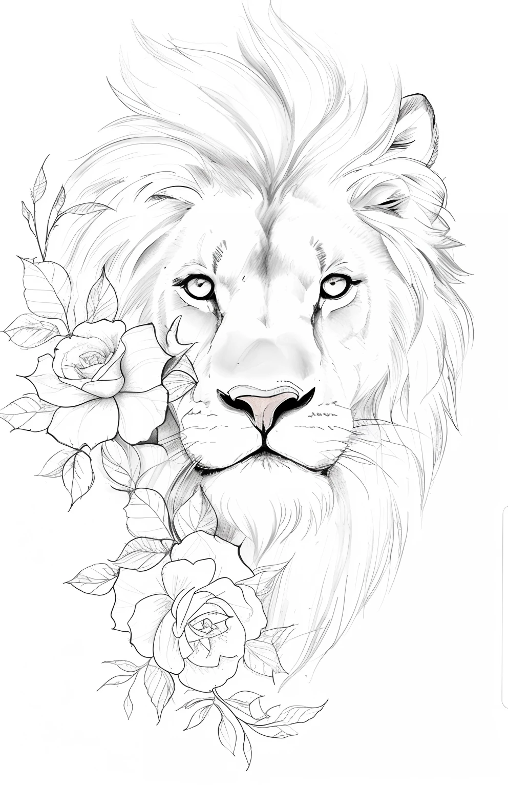 A drawing of a lion with roses on its head, desenho de tatuagem realismo, desenho de contorno, tatuagens de desenho de linha, desenho de linha realista, Realismo Tattoo Sketch, outline sketch, black and white detailed sketch, detailed sketch drawing, tattoo design sketch, ✏️🎨, medium sized tattoo sketch, realistic sketch, tattoo sketch, Highly detailed sketch, tattoo sketches, detailed intricate sketch, half lion