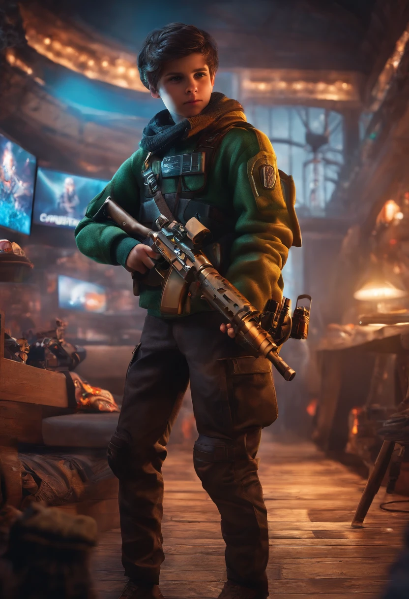Create a picture where a boy who is a gamer is also dressed as a gamer with the gaming world behind him and he is holding a gun.
