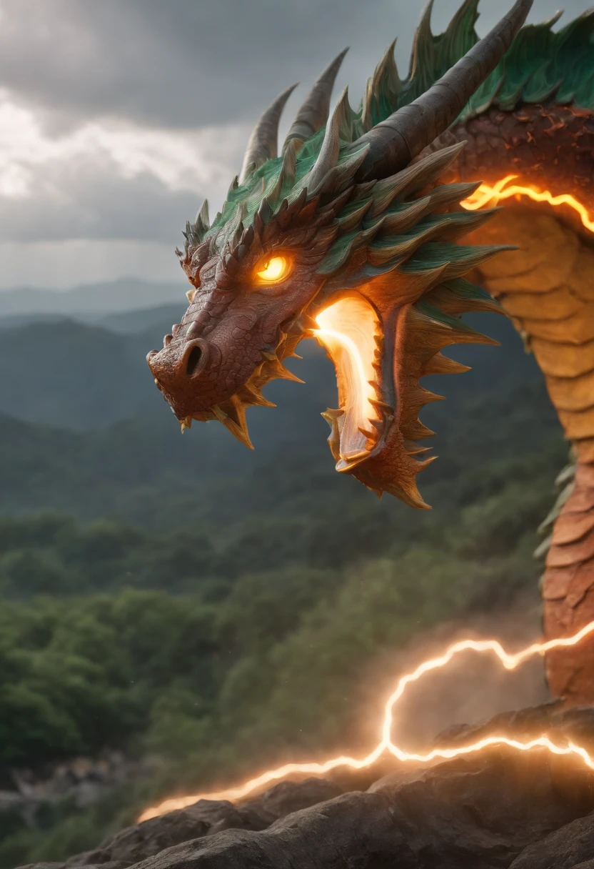 An ancient feudal japan landscape with colorful lightning storm to the right side, Realistic and beutiful, ground level, dragon made of orange lightning fighting a green lantern in the far distance