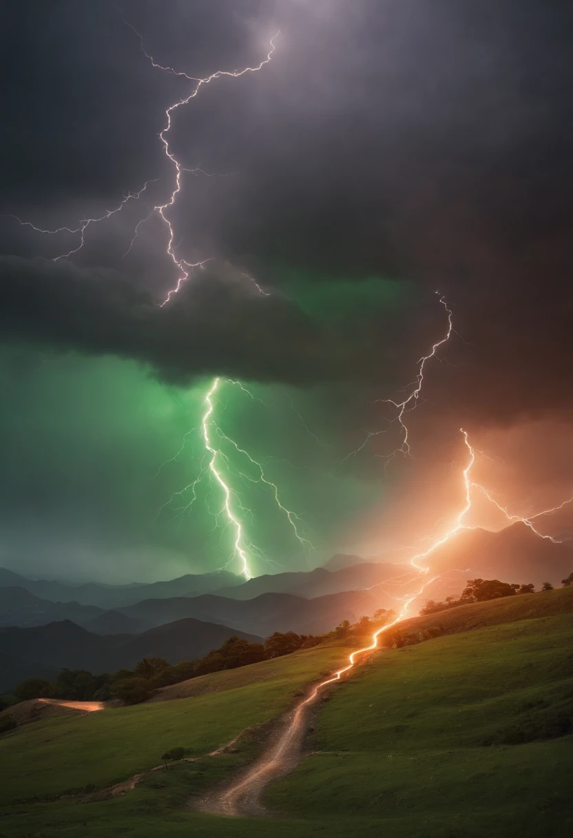 An ancient feudal japan landscape with colorful lightning storm to the right side, Realistic and beutiful, ground level, dragon made of orange lightning fighting a green lantern in the far distance