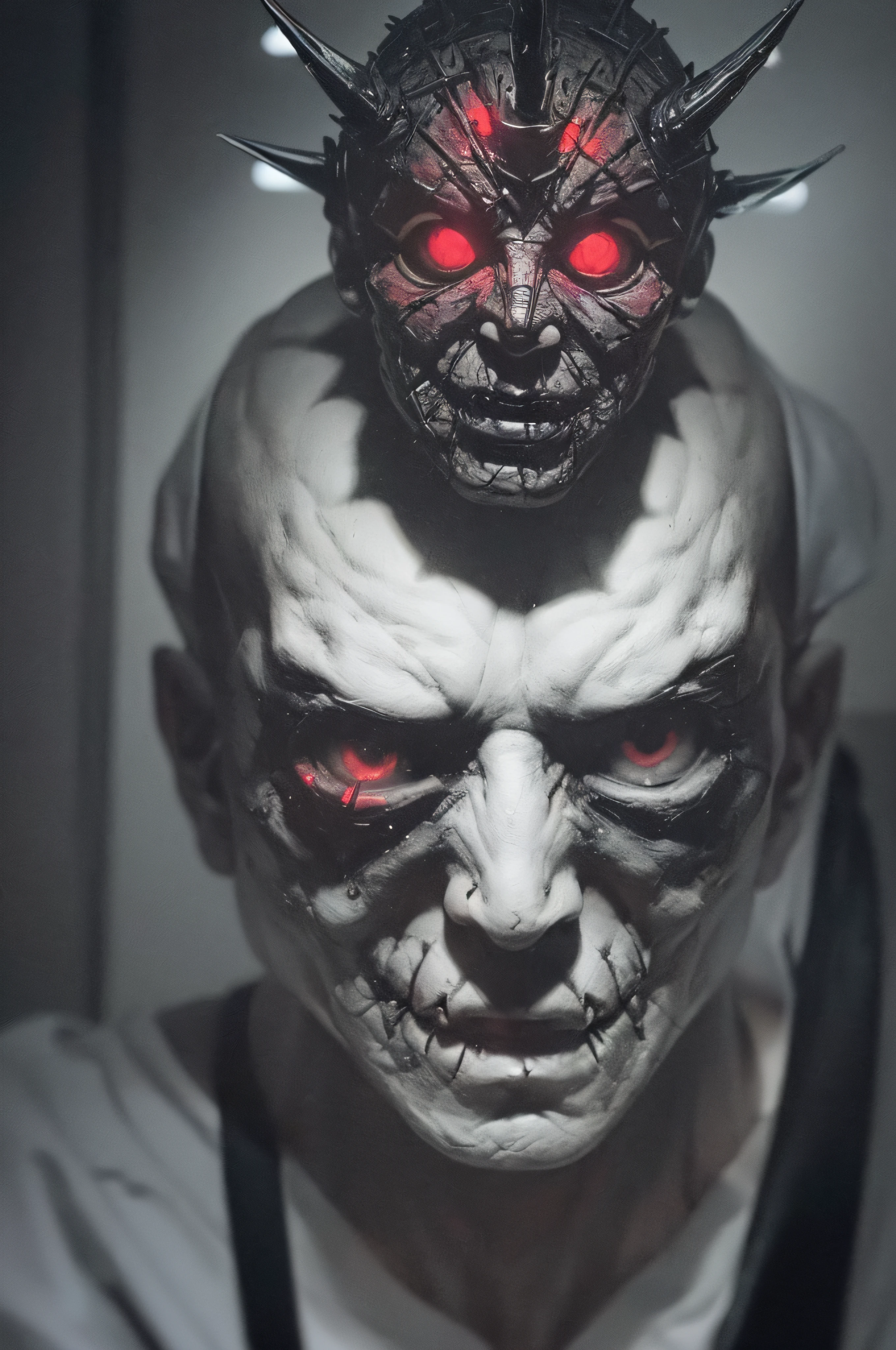 "(The best lighting, oscuro, dramatic),(feto calavera alien, Hellraiser, Cicatrices, , sexy, cerebro, sangre, una rata dentro de la cabeza, terror.),(ojos rojos, calaveras). morning light.