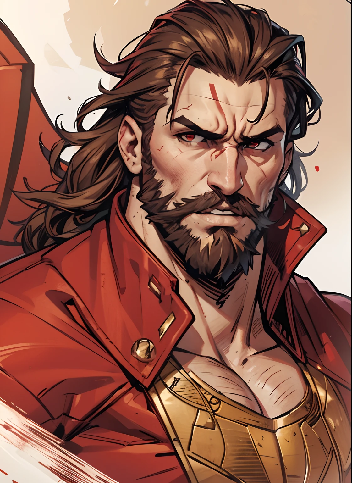 A close up portrait of a Kevin "Todd" Smith as Sadurang from Marvel comics. Heavy athlete with mullet hair, stubble beard, 30 years old, {{glowing red eyes}}. Wearing military uniform, {{{red scales}}}. Villian, badass.