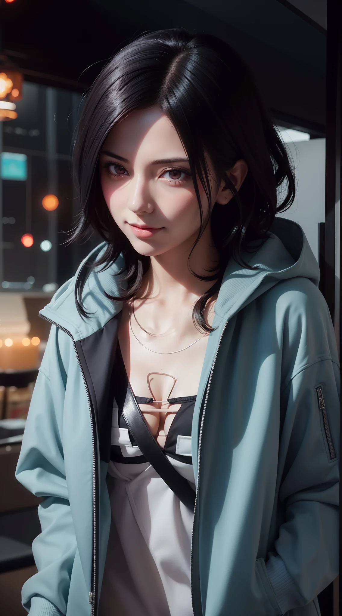 1girl, sarada uchiha in anime naruto, short hair, sexy dress, black hair, red eyes, smile, beautiful, black clothes, wearing glasses red, very big breast, sexy clothes, realistic clothes, detail clothes, indoor background, ultra detail, realistic