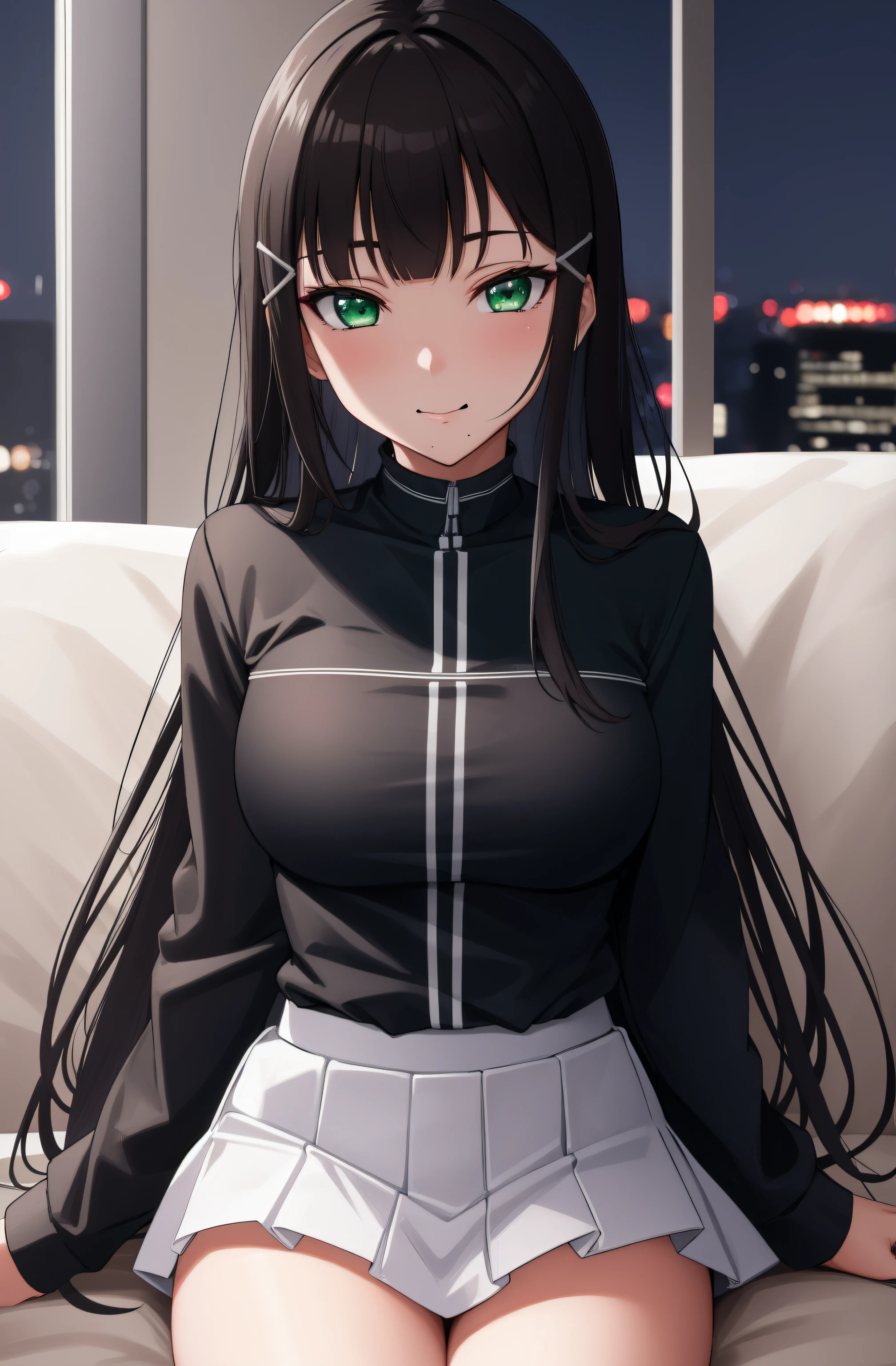 (Night:1.7), Cyberpunk_CityView, Before Window,
sitting at attention,sitting on couch,
white and blue outfit,black_legwear,miniskirt,
dia kurosawa, black hair, (green eyes:1.5), blunt bangs, grey skirt, hair ornament, hairclip, mole, mole under mouth, long hair,
1 girl, 20yo,young female,Beautiful Finger,Beautiful long legs,Beautiful body,Beautiful Nose,Beautiful character design, perfect eyes, perfect face,
looking at viewer, (innocent_big_eyes:1.0),(expressionless:1.3),seductive anime girl.teasing smile, 
NSFW,official art,extremely detailed CG unity 8k wallpaper, perfect lighting,Colorful, Bright_Front_face_Lighting,
(masterpiece:1.0),(best_quality:1.0), ultra high res,4K,ultra-detailed,
photography, 8K, HDR, highres, absurdres:1.2, Kodak portra 400, film grain, blurry background, bokeh:1.2, lens flare, (vibrant_color:1.2)
(Beautiful,medium_Breasts:1.4), (beautiful_face:1.5),(narrow_waist),(perfect hands, perfect anatomy)