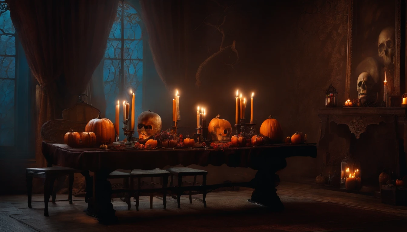 Vintage style dark gothic art mural painting, en un ambiente con bruma oscuro con una mesa con velas, Halloween skulls and pumpkins