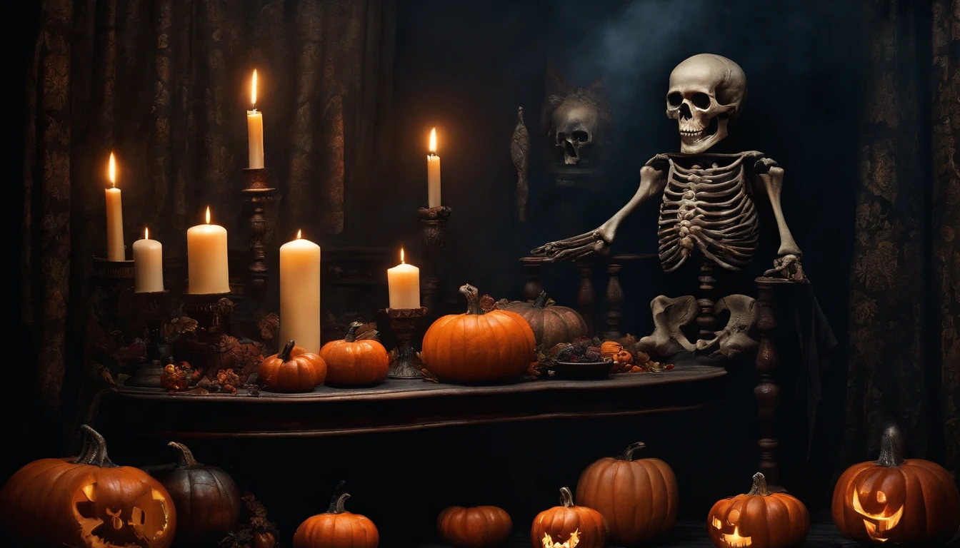 Vintage style dark gothic art mural painting, en un ambiente con bruma oscuro con una mesa con velas, Halloween skulls and pumpkins