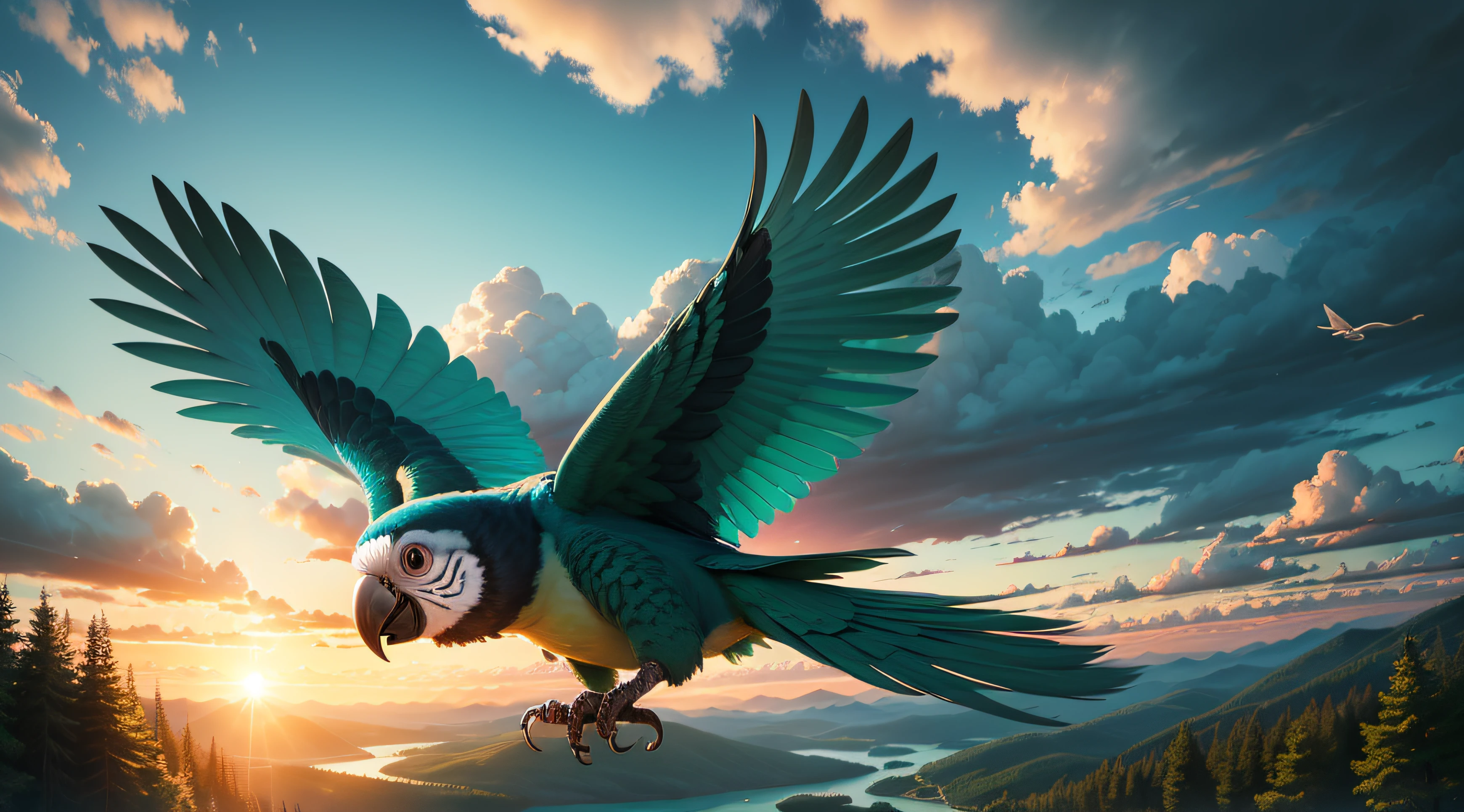 side view of a Adorable parrot flying on sky over the forest, Close-up, Pixar Movie Style, very cute, big eyes, bright eyes, smiling, amazing sky, light day, clouds, amazing sunset, mountains on horizon, lightgreen trees and a lake in ground, high quality, flying on sky, over the forest
