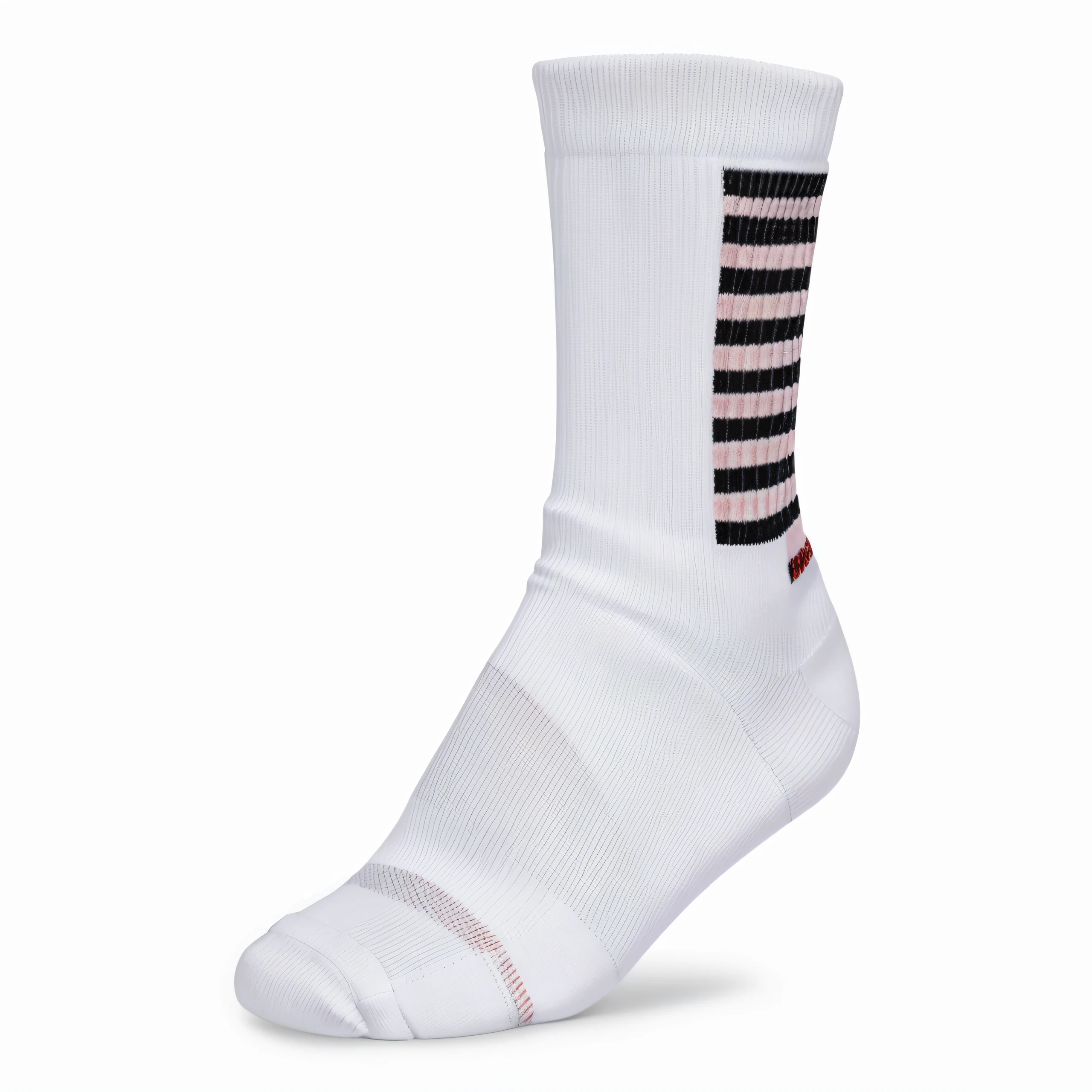 A close up of a white sock with red and orange stripes, striped socks, stripes on the left side, ultra detailed ribbed sock, full view. detailed white, top side view, julia hill, the sock is on light gray background