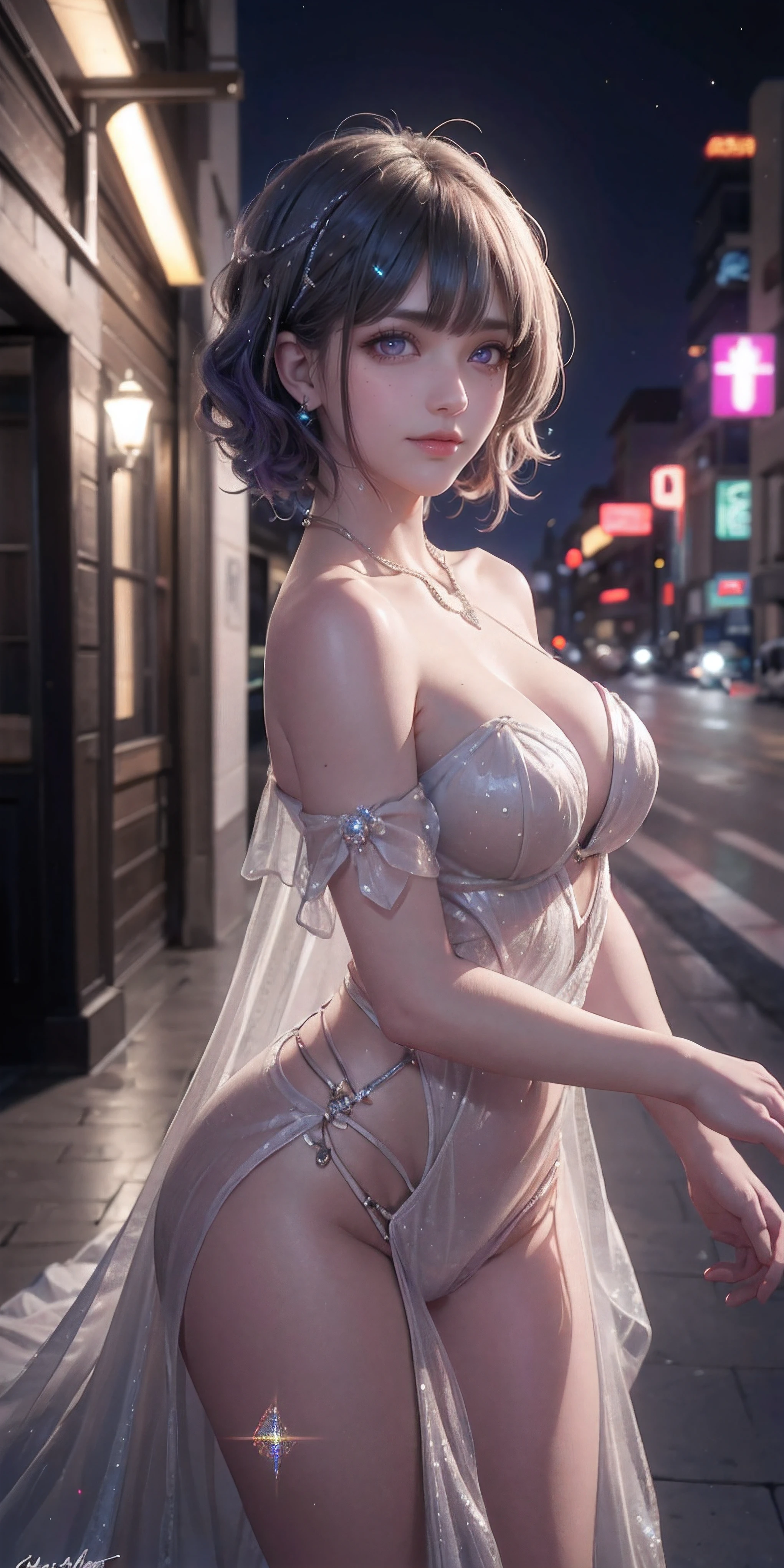 Best quality, masterpiece, ultra high res, (photorealistic:1.4), raw photo, aesthetics and atmosphere, dark shot, film grain, soft focus, bokeh, night shot, masterpiece realistic volumetric light,,1girl, purple eyes, white hair, curly hair, smirk, (freckles:0.8), thigh, medium breasts, upper body, (sparkly:1.3) sequins long cns dress, ray tracing reflection, desert street, path, city lights, incredible sky, relying on the wall, from side,