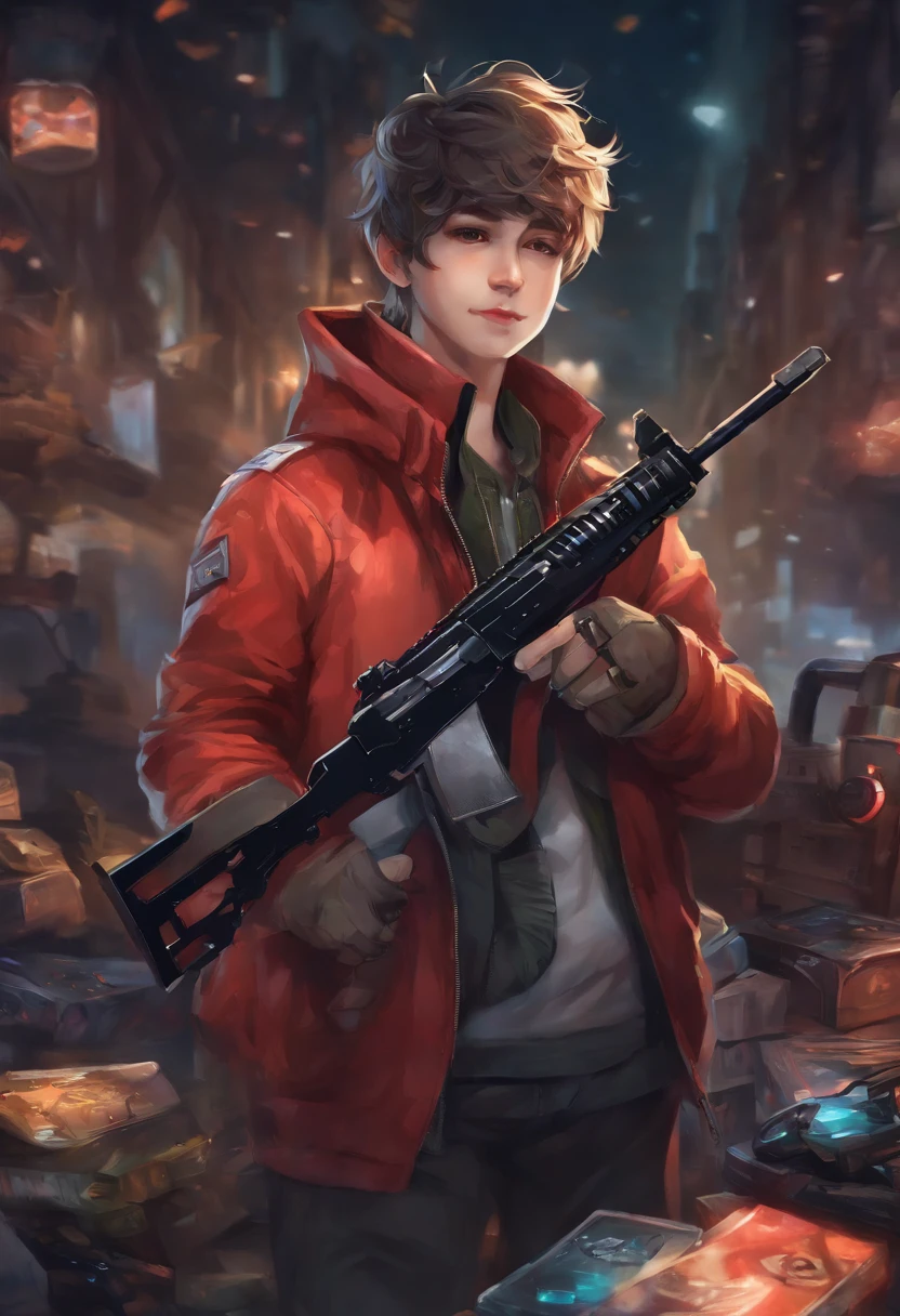 Create a picture where a boy who is a gamer is also dressed as a gamer with the gaming world behind him and he is holding a gun. a anime