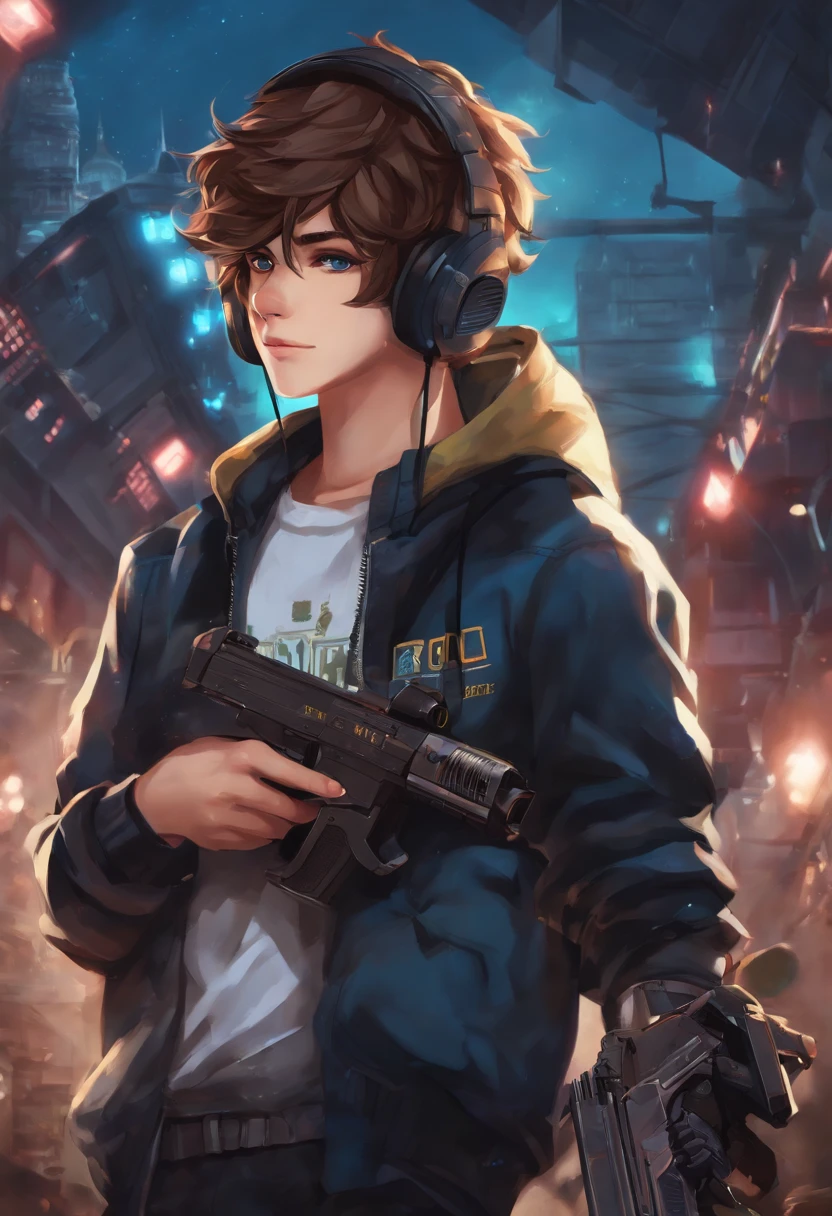 Create a picture where a boy who is a gamer is also dressed as a gamer with the gaming world behind him and he is holding a gun. a anime
