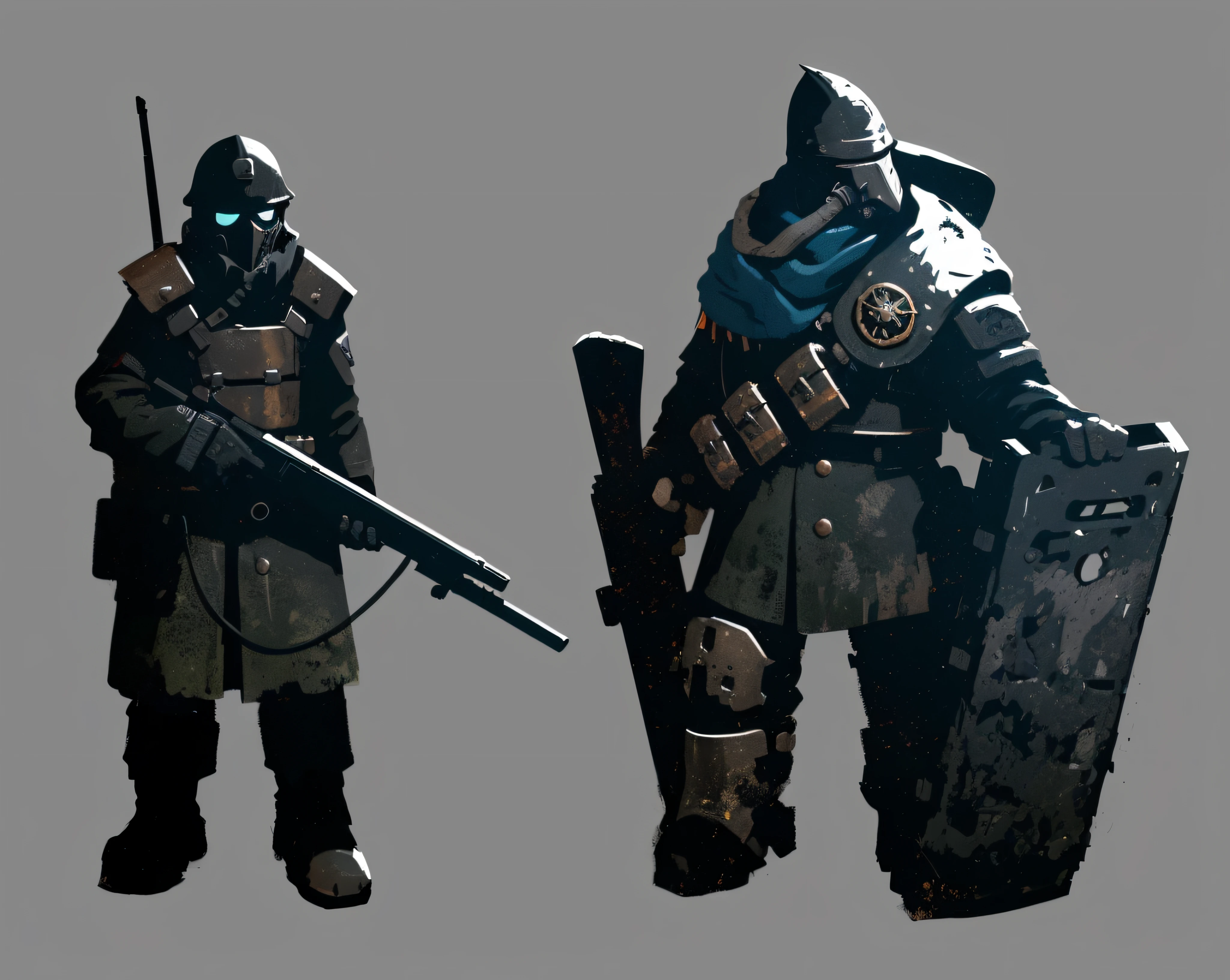 "Imagine a legendary Warden soldier from the Foxhole universe who has been transposed into the grim Warhammer 40K universe. This soldier, still wearing the iconic clothing of the Wardens, stands as the founder and leader of a new Warden faction within the Warhammer 40K universe. The soldier should be depicted in a Warhammer 40K-style battlefield, with a mix of futuristic technology and gothic architecture.

The Warden soldier should hold a relic from the Foxhole universe, such as a vintage bolt-action rifle or a Warden banner, symbolizing their origins. They should be a symbol of hope and resistance in a dark and dystopian world. The soldier's clothing and equipment should be seamlessly integrated into the Warhammer 40K aesthetic while still maintaining the recognizable Warden characteristics. The backdrop should convey the harsh, war-torn nature of the Warhammer 40K universe, with signs of both conflict and hope surrounding this legendary figure."