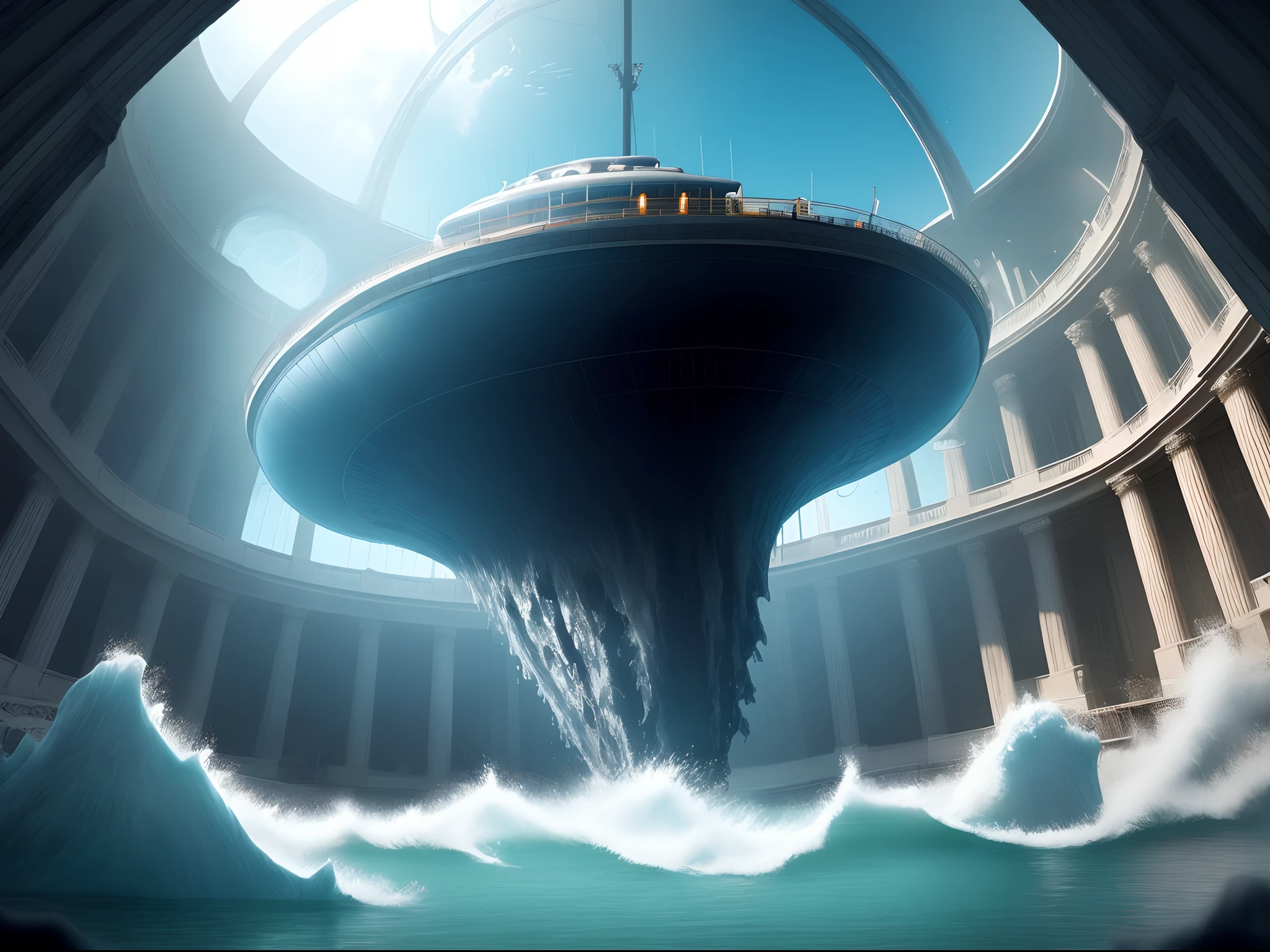 Titanic sinking in front of a huge ufo. The ufo has tentacles that go into the depth of the water and there is an iceberg inside the glass dome of the ufo.
