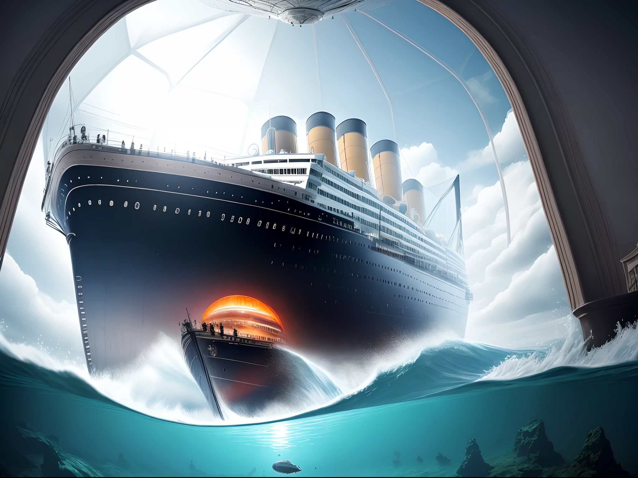 Titanic sinking in front of a huge ufo. The ufo has tentacles that go into the depth of the water and there is an iceberg inside the glass dome of the ufo.
