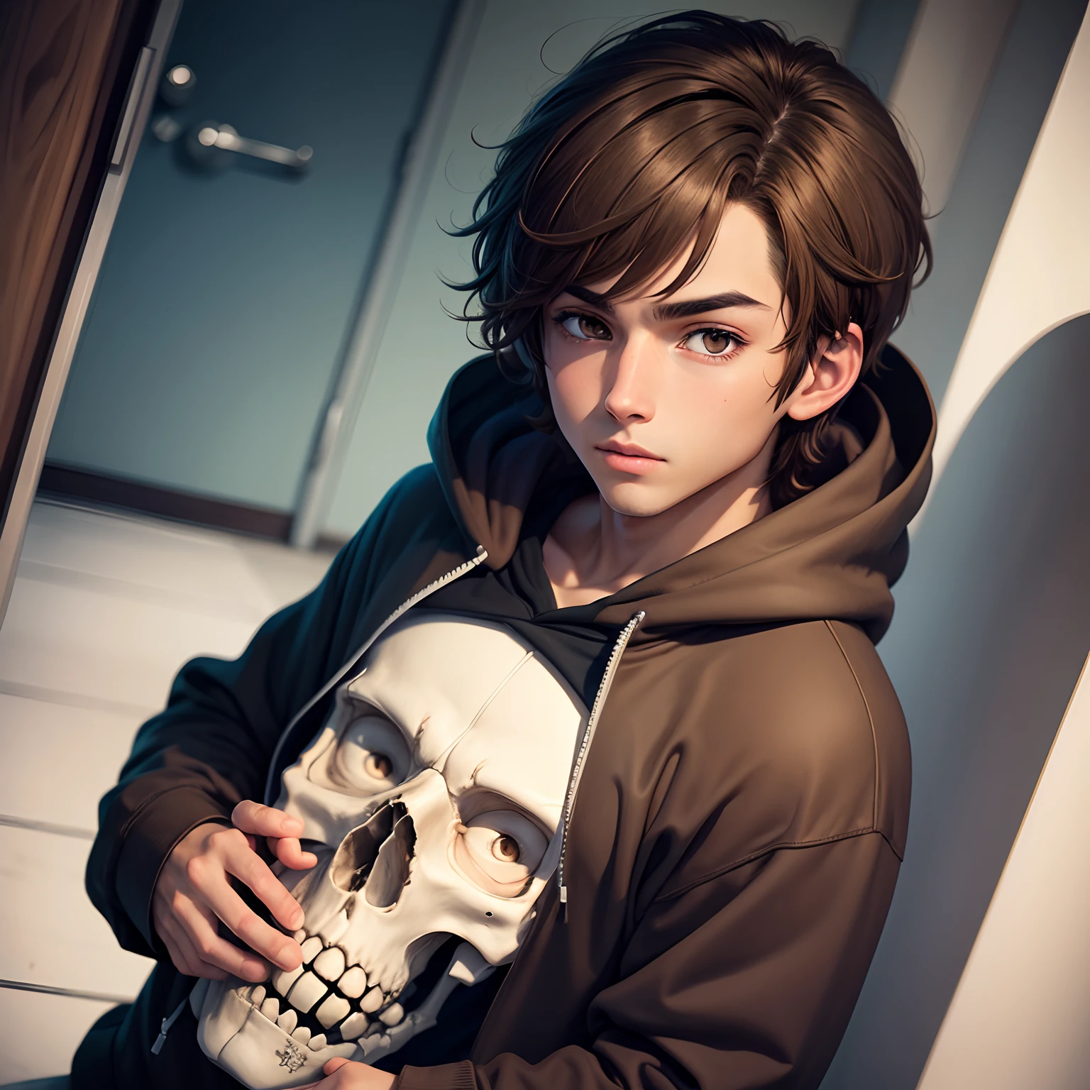 Slightly tan anime soft boy with brown hair, brown eyes, and a skeleton hoodie.