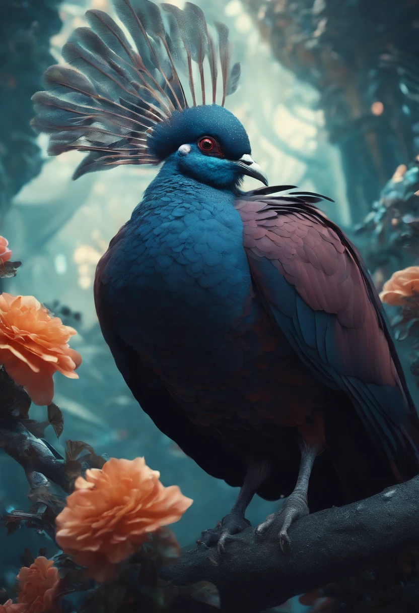 biomechanical style illustration Victoria Crowned Pigeon, colorful. acrylic bubbles and flowers, ferrofluids, water distortions. looking up, intricate abstract. intricate artwork. beeple. blend of organic and mechanical elements, futuristic, cybernetic, detailed, intricate, dark theme, (in awe:1.2), confident, (surprised:0.7), style of Stan Manoukian