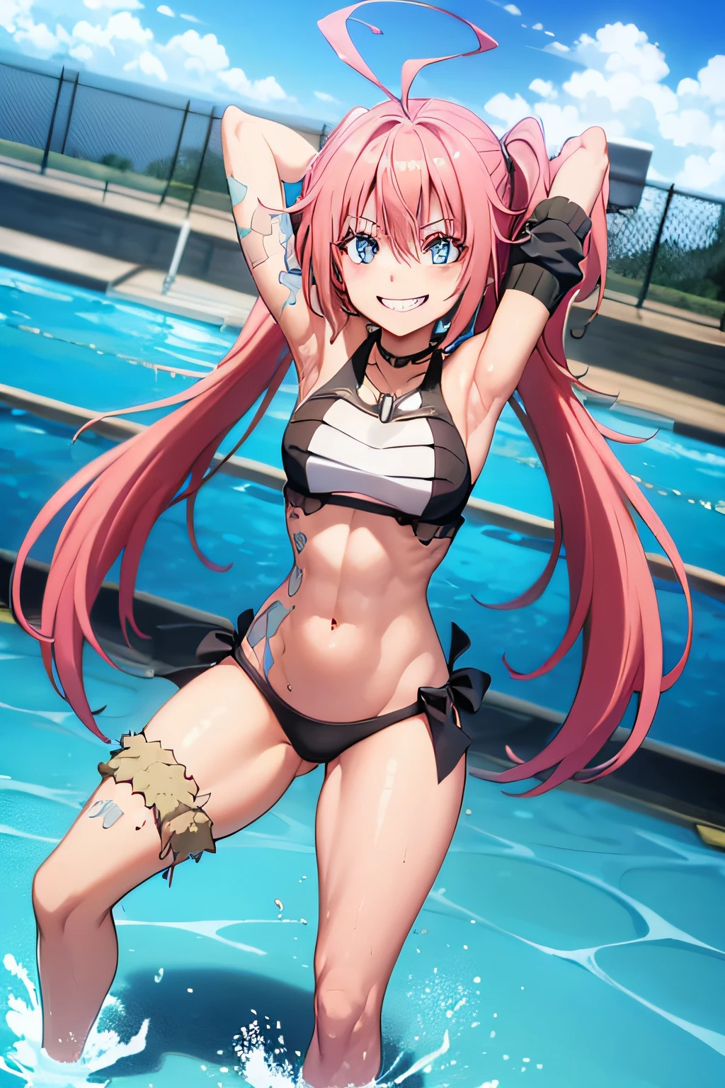 ((female)), (very messy hair), (happy smile), fangs, ((ripped abdomen)), toned arms and legs, medium breasts, (in the pool), blue eyes, yacht in the background, standing with hands up, barefoot