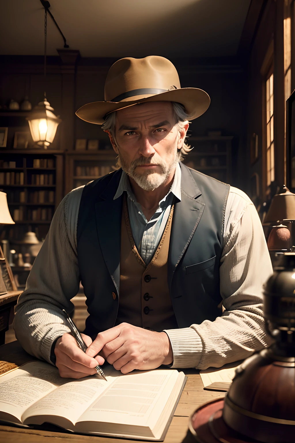 cinematic style,In his antique shop,old book,Ancient,There was a fire in the house,There was a man sitting at the table, Handsome man,largeeyes,with hat,The camera looks ahead,Pen in hand
