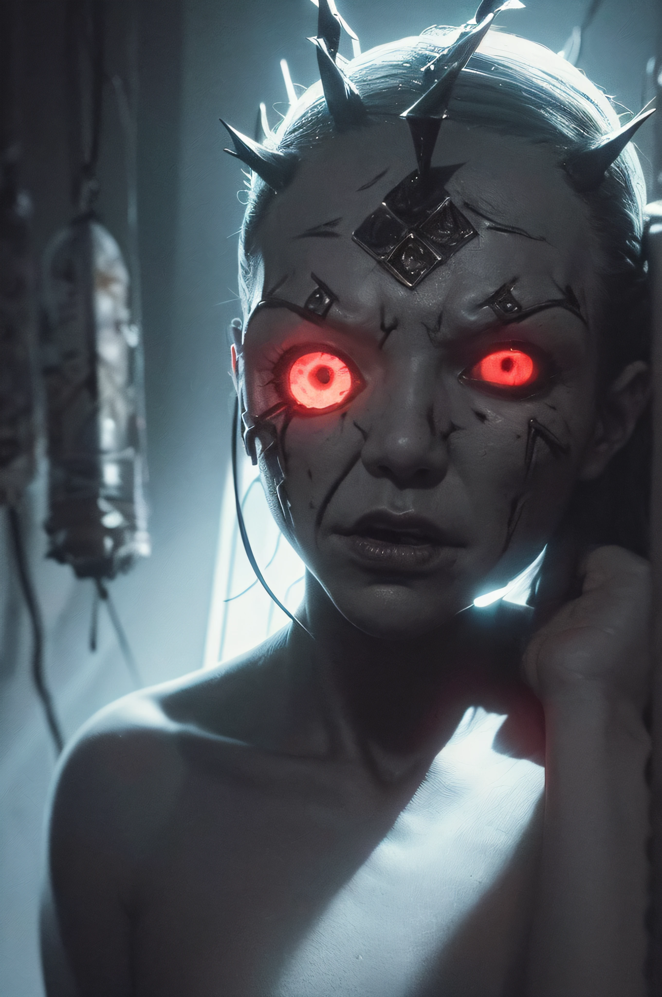 "(The best lighting, oscuro, dramatic),(feto calavera alien, Hellraiser, Cicatrices, , sexy, cerebro, sangre, una rata dentro de la cabeza, terror.),(ojos rojos, calaveras). morning light.