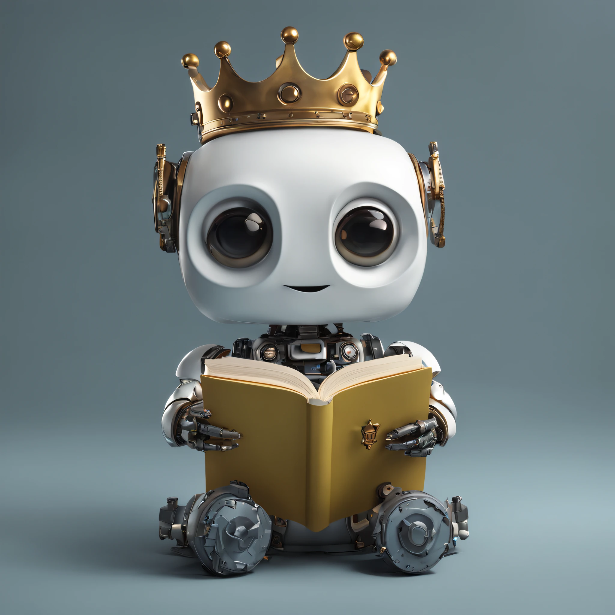 icon of cute robot with crown on head reading a book, detailed, digital painting, cinematic character design by mark ryden and pixar and hayao miyazaki, unreal 5, daz, hyperrealistic, octane render