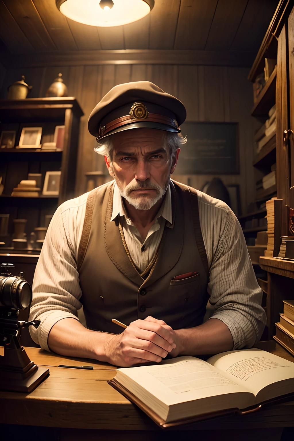 cinematic style,In his antique shop,old book,Ancient,There was a fire in the house,There was a man sitting at the table, Handsome man,largeeyes,with hat,The camera looks ahead