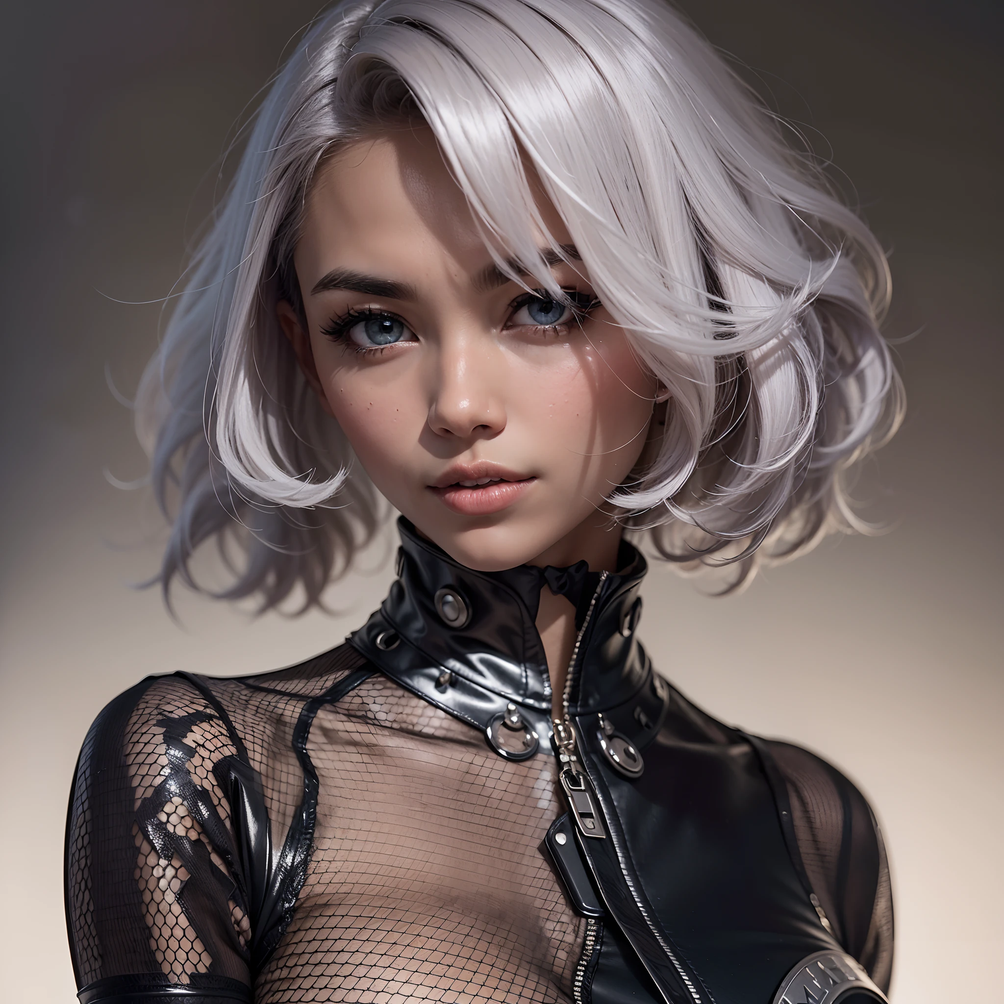 (wide shot), (futuristic hexagonal fashion style, deus ex aesthetic), (authentic expressive eyes: 1.2), An exquisite portrait of a Filipina woman wearing dark makeup, the photograph captured in stunning 8k resolution and raw format to preserve the highest quality of details. The woman's beauty is undeniable. She wears futuristic angular clothing that complements her soft features, (her eyes are portrayed with meticulous attention to detail: 1.3), showcasing the captivating depth within her eyes. The photograph is taken with a lens that emphasizes the gentle smile in her eyes, and the backdrop is a dark studio setting that enhances the muted colours of the scene. The lighting and shadows are expertly crafted to bring out the richness of her skin tone and the subtle nuances of her features. Her white hair with black sides, with its distinct hue, adds a touch of contrast against her olive skin. The interior setting adds a sense of intimacy. The overall composition captures her essence with authenticity and grace, creating a portrait that celebrates her heritage and beauty. Photography utilizing the best techniques for shadow and lighting, to create a mesmerizing portrayal that transcends the visual, slightly tilted head, (extreme eye details: 1.4)