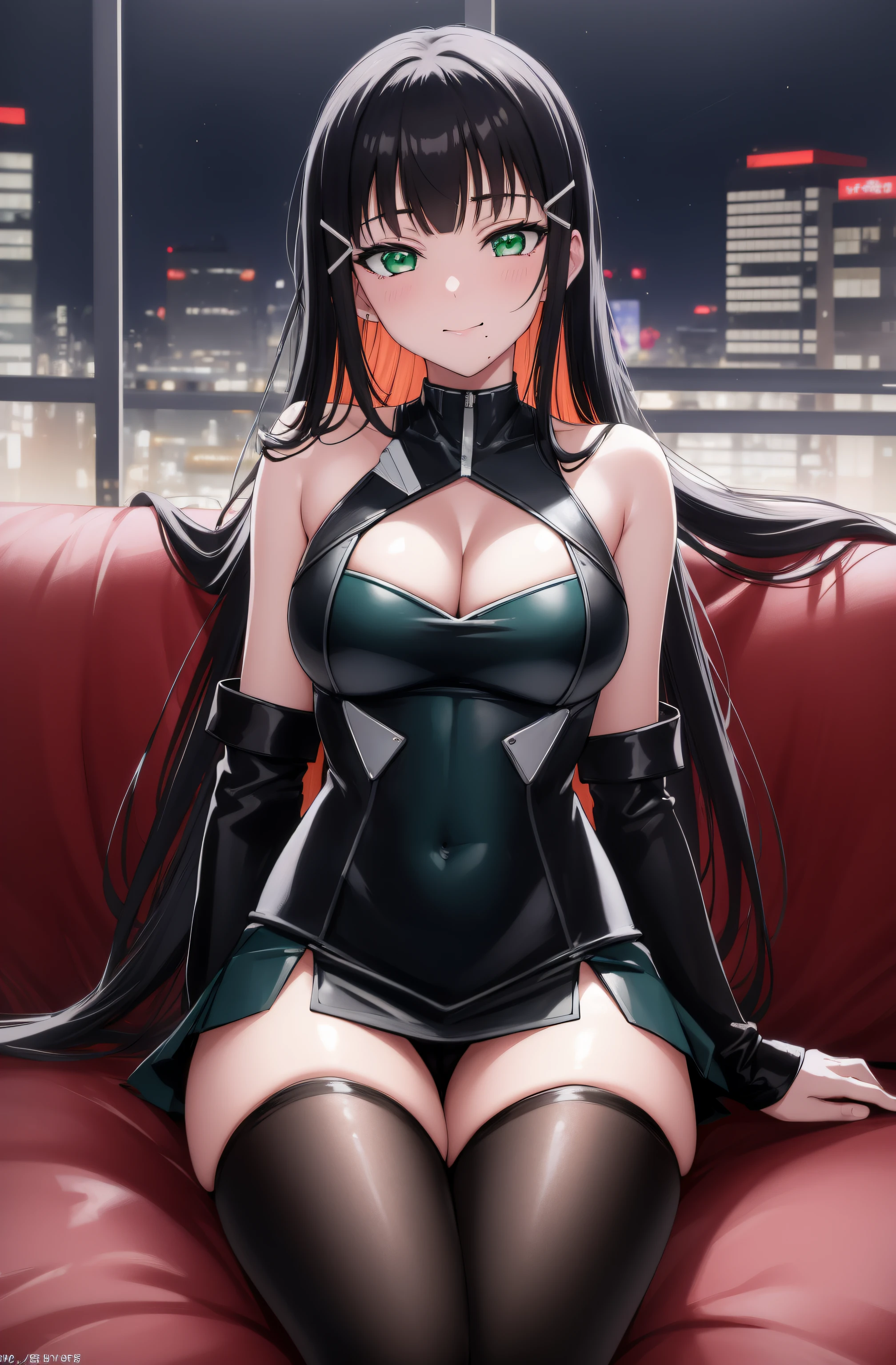 (Night:1.7), Cyberpunk_CityView, Before Window,
sitting at attention,sitting on couch,
white and blue outfit,black_legwear,miniskirt,
dia kurosawa, black hair, (green eyes:1.5), blunt bangs, grey skirt, hair ornament, hairclip, mole, mole under mouth, long hair,
1 girl, 20yo,young female,Beautiful Finger,Beautiful long legs,Beautiful body,Beautiful Nose,Beautiful character design, perfect eyes, perfect face,
looking at viewer, (innocent_big_eyes:1.0),(expressionless:1.3),seductive anime girl.teasing smile,
NSFW,official art,extremely detailed CG unity 8k wallpaper, perfect lighting,Colorful, Bright_Front_face_Lighting,
(masterpiece:1.0),(best_quality:1.0), ultra high res,4K,ultra-detailed,
photography, 8K, HDR, highres, absurdres:1.2, Kodak portra 400, film grain, blurry background, bokeh:1.2, lens flare, (vibrant_color:1.2)
(Beautiful,medium_Breasts:1.4), (beautiful_face:1.5),(narrow_waist),(perfect hands, perfect anatomy)