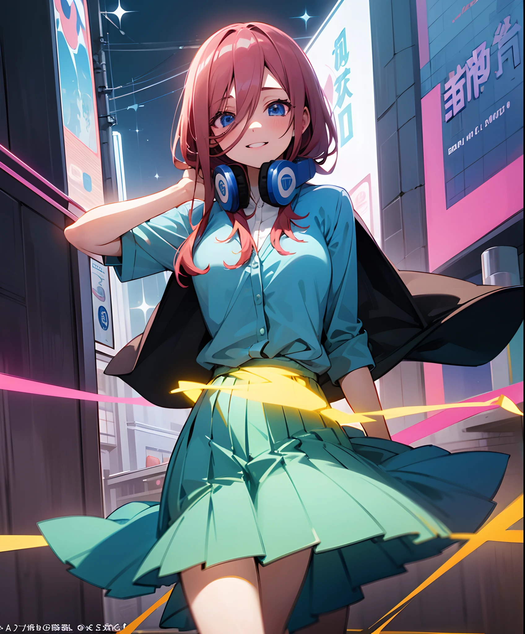 Cute as a dream, (masterpiece、top-quality、top-quality) Official art、Beautifully Aesthetic:1.2)、(a beauty girl:1.3)、patterns, colourfull、Hair spreads throughout、kawaii、HD Detail, ultra Detail, Movie, Hyper Realism, Soft Light, Deep Focus Bokeh, Ray Tracing, --niji 5. crystal, fantasy, galaxy, transparent, shimmering, sparkling, splendid, colorful, magical photography, dramatic lighting, intricate details, (1 girl, solo, alone), full body shot, dynamic pose, wind though hair, sfw, teenage girl with pink red hair, one long strand of hair falling across her face, long strand of hair covering her nose, headphones down, hair in her headphones, skinny, aamiku, Nakano Miku from The Quintessential Quintuplets, real life Miku Nakano, cowboy shot, straight hair, dark blue eyes, sparkling eyes, blue headphones around neck, light blue sweater, collared white shirt, green pleated skirt, school uniform, excited smile, joyful, outdoors, Tokyo, girl walking in Shibuya, in Shibuya's streets, city lights, night life,, Shibuya on the background, neon lights, neon store signs, Japan city