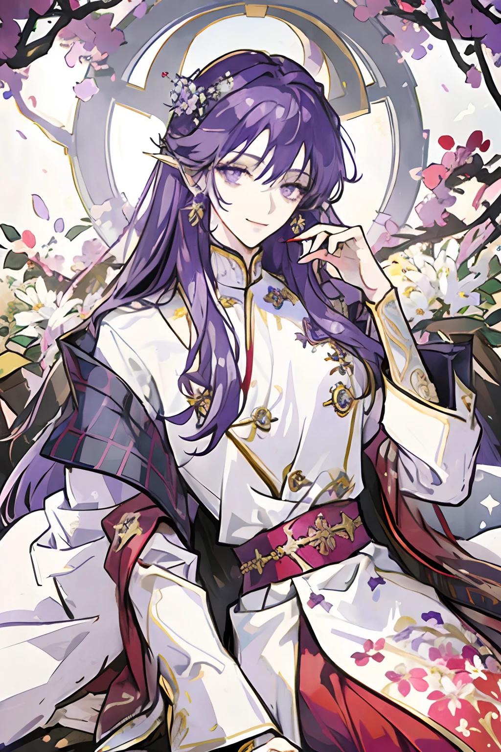 ((masterpiece: 1.2, best quality)), 1 man, long purple hair, purple eyes (handsome: 1.4), white suit, fantasy, uniform, royalty, forest, blooming flowers, sunlight, fantastic light and shadow , landscape, extremely detailed face, portrait, smile, red earrings, wizard, archmage