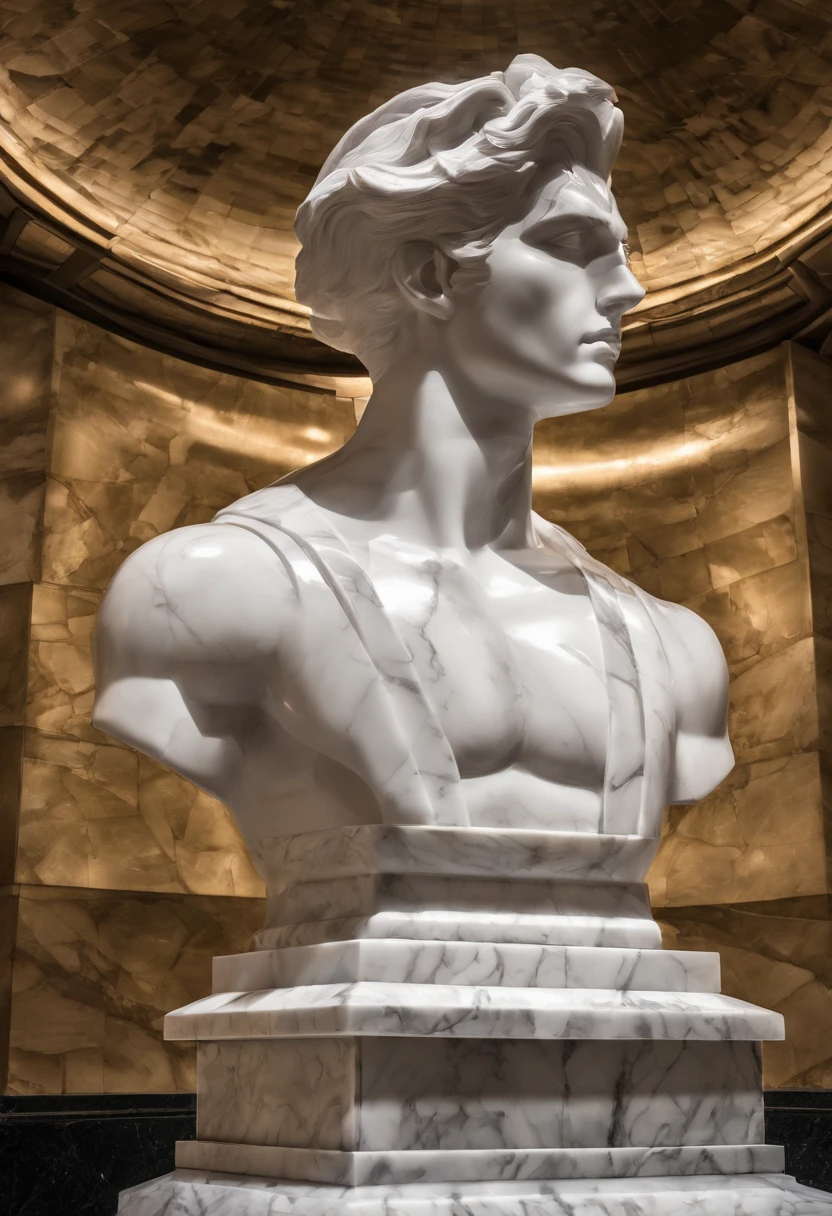 Statue in white marble of bust of spiderman in museum. marvel comics, dark atmosphere, Hoher Kontrast von Licht und Schatten, Professionelle Fotografie, utrarealista, Leichtes Volumetrisch, Filmisch