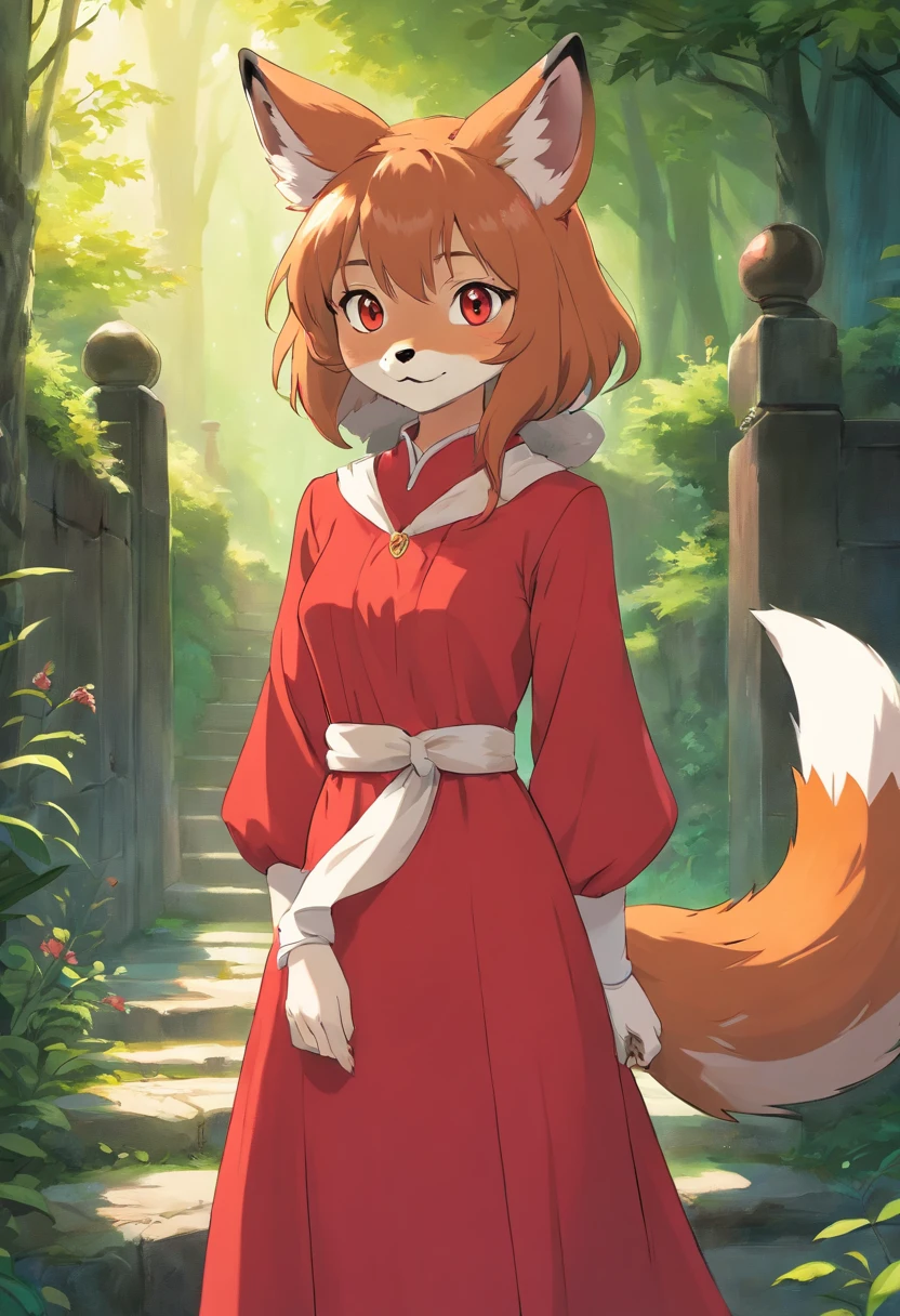 Furry fox girl with Hazel eyes wearing a red dress