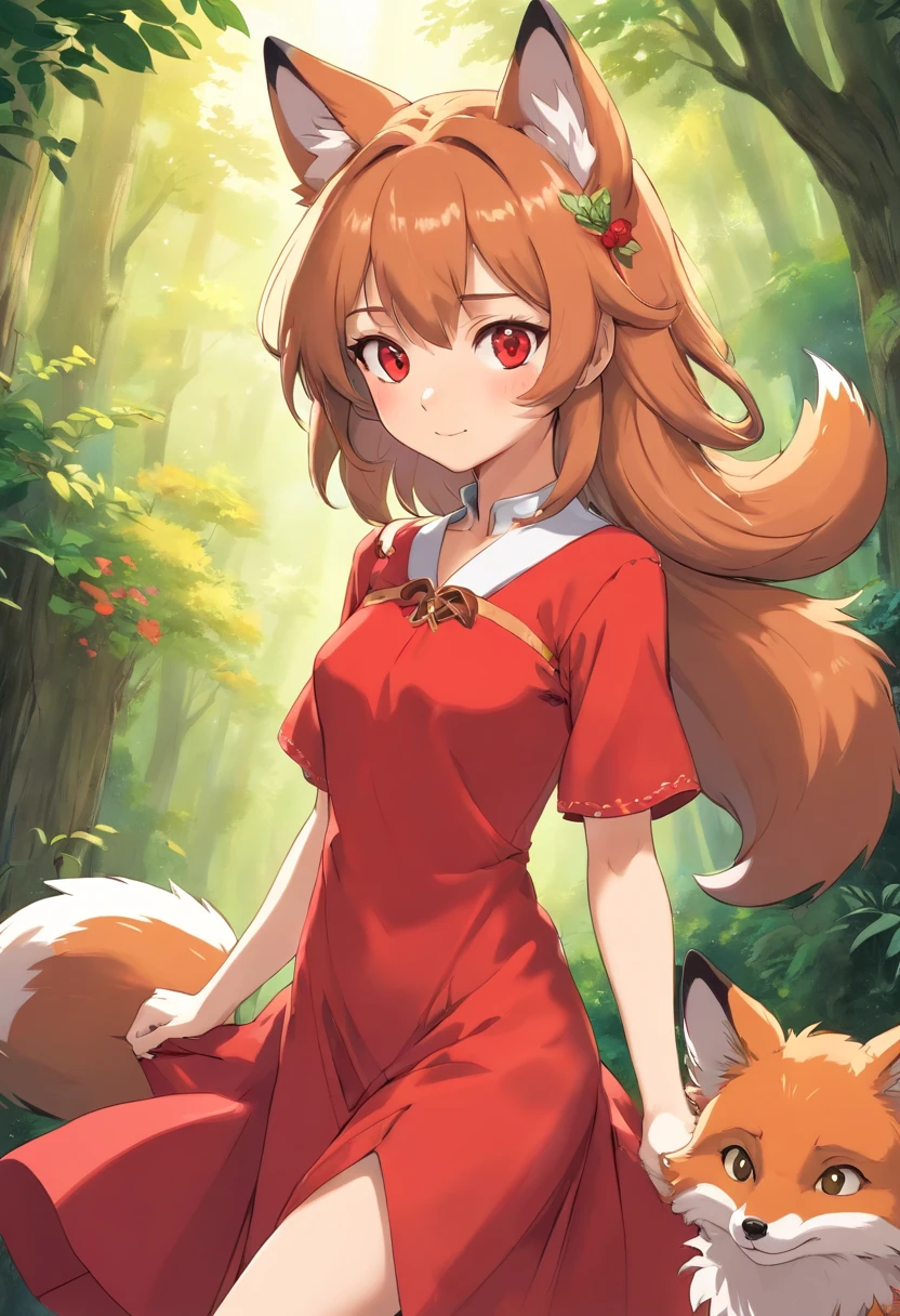 Furry fox girl with Hazel eyes wearing a red dress